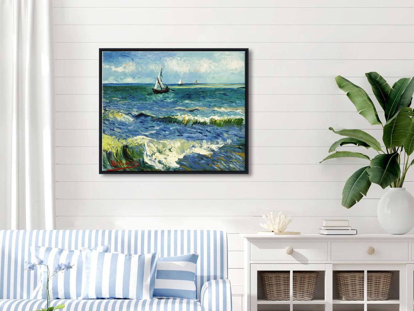 Wieco Art Black Framed Art Seascape at Saintes Maries by Vincent Van Gogh Oil Paintings Reproduction Modern Canvas Prints Sea Pictures on Canvas Wall