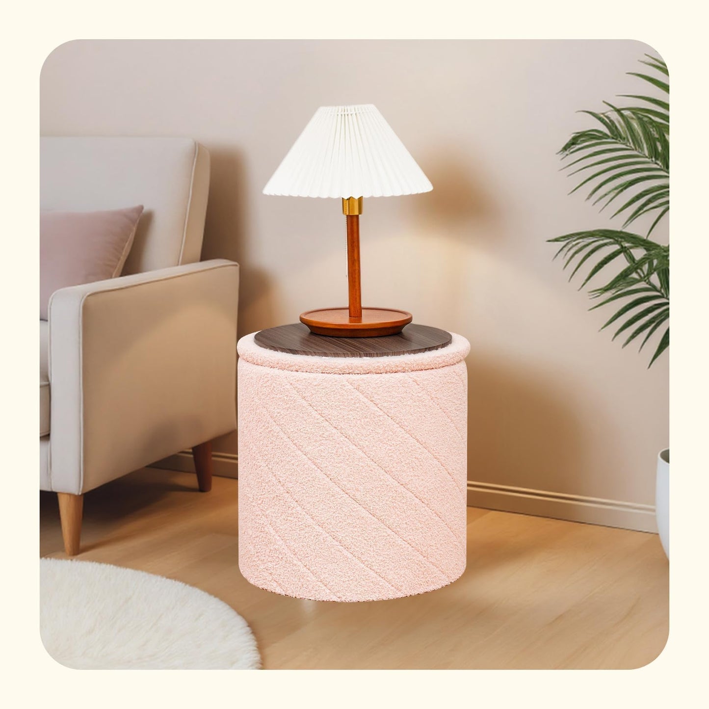 PINPLUS Round Ottoman Storage Box, Folding Stool, Pink, 43x43x45 cm