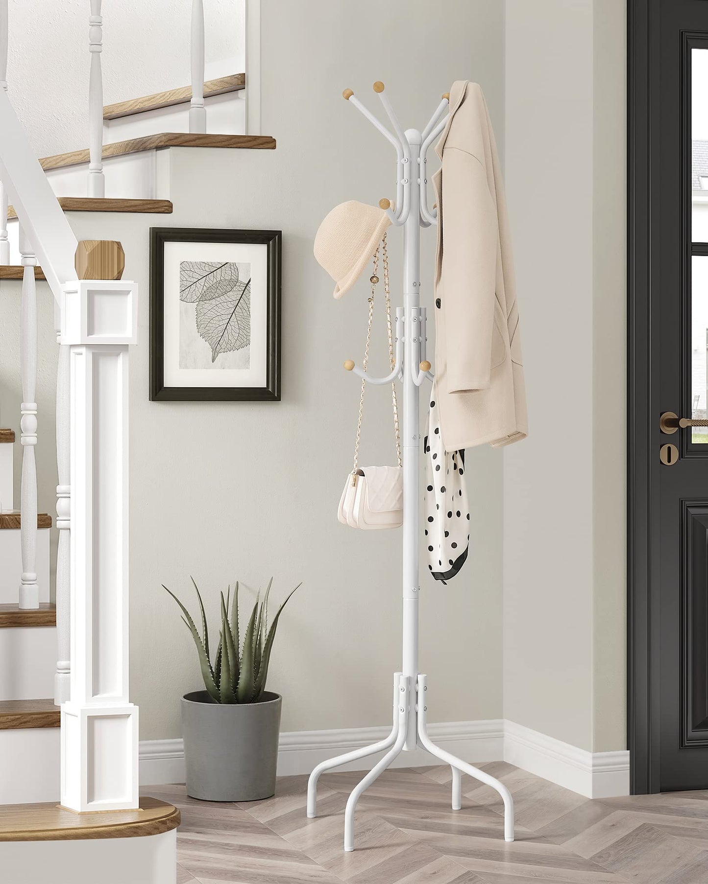 SONGMICS Coat Stand, Metal Coat Rack with 12 Hooks, 4 Legs, Hang Coats, Jackets, Hats, Bags, for Hallway Bedroom Office, White RCR031W01
