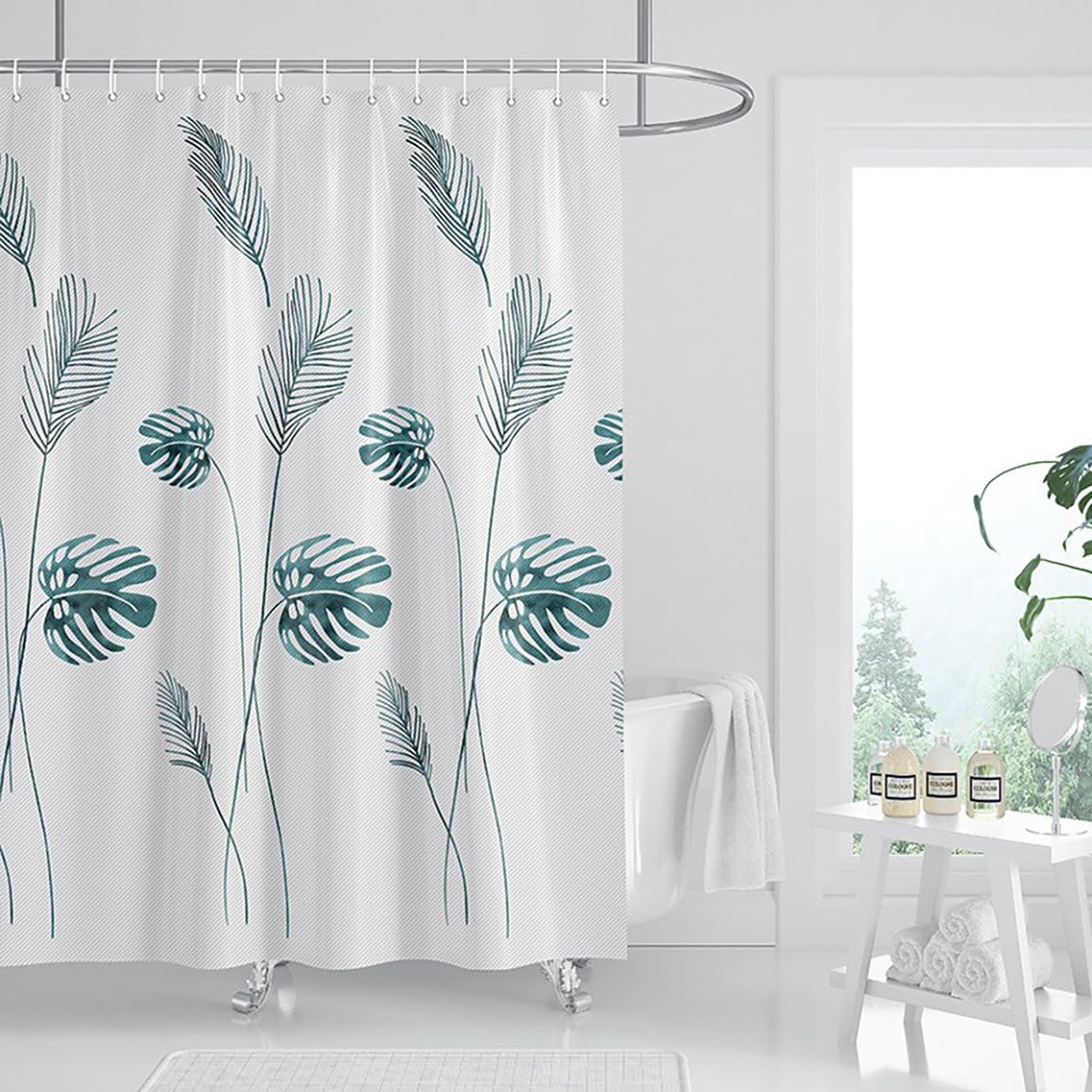 FSZhenZuan Shower Curtain 200 x 200 cm Drop Water Repellent Anti Mould Wet Room Shower Curtain with Hooks Washable Thicken Polyester Fabric Palm Leaf