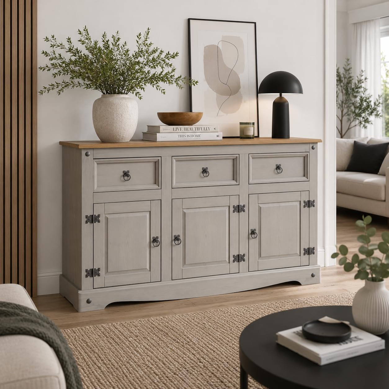 Corona Grey Sideboard 3 Door 3 Drawer Large Solid Mexican Pine Wooden Cabinet with Gunmetal Hardware W 125 cm x D 40 cm x H 76 cm