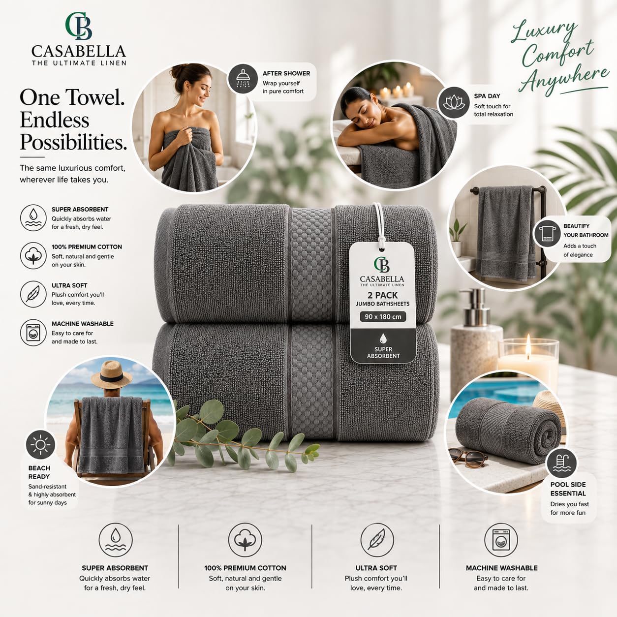 Casabella CB 2 Piece Jumbo Bath sheets 100% Combed Cotton Extra Large Bath Towel bale set super Absorbent Soft Grey 2 Pack 90X180 CM Bath sheets