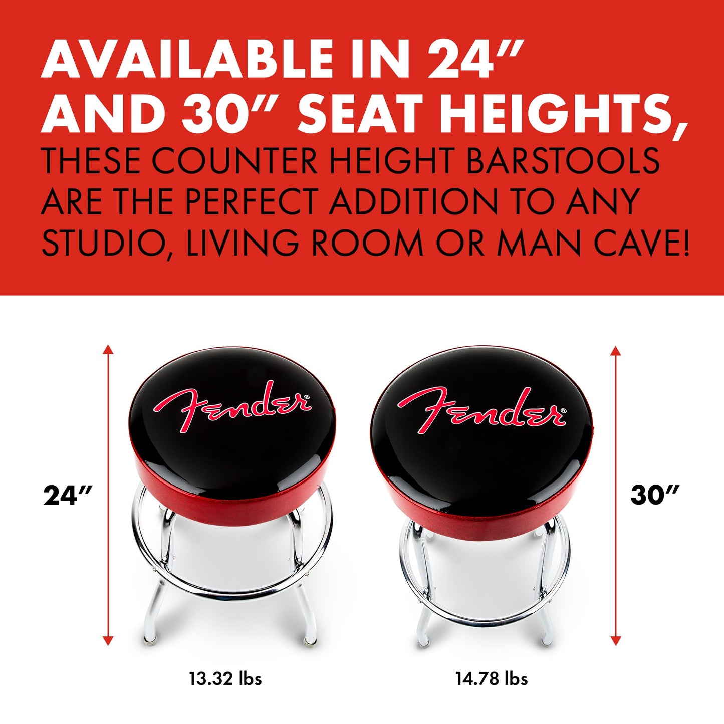 Fender Red Sparkle Logo Barstool, Padded Swivel Guitar Stool, 30 In