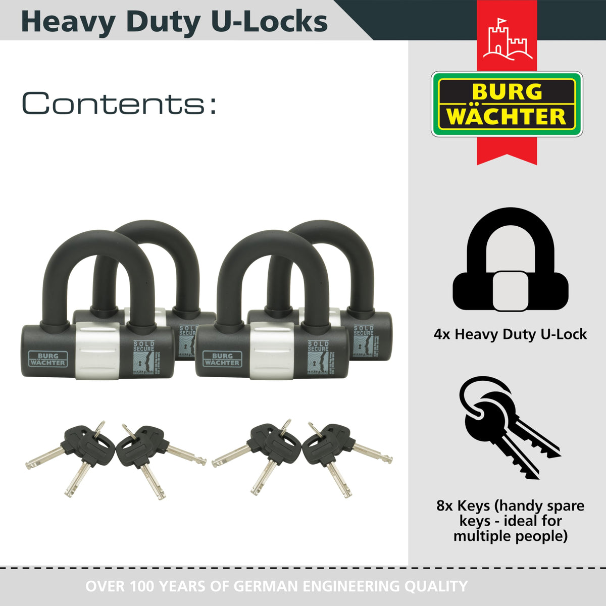 Burg-W?chter 100D Quadra Sold Secure Gold Pack, Black, Quad Keyed Alike U Locks