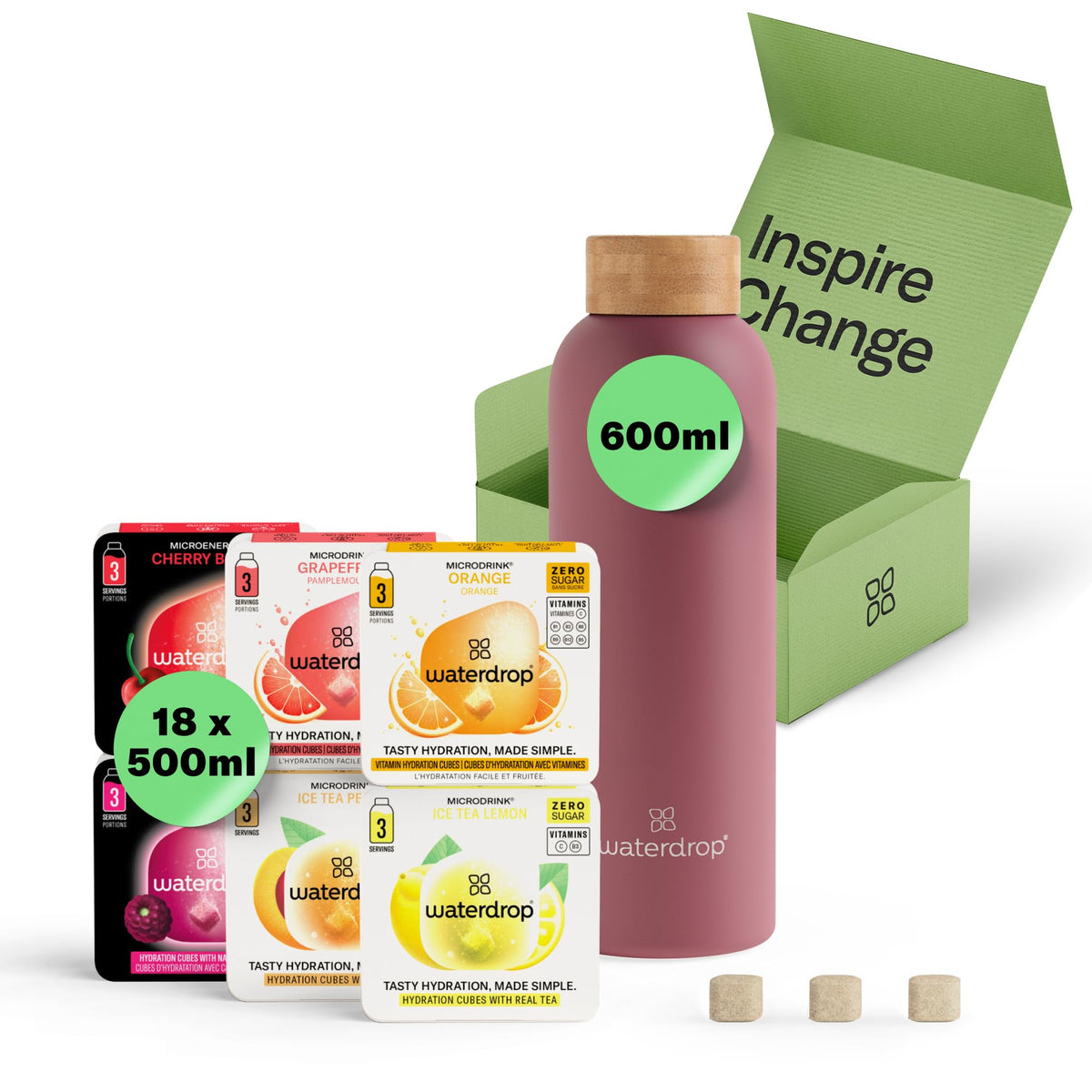 Waterdrop? Starter Set Steel - 600 ml Stainless Steel Bottle + 18 Water Flavouring Hydration Cubes, Vitamin Infused, Sugar Free Microdrink