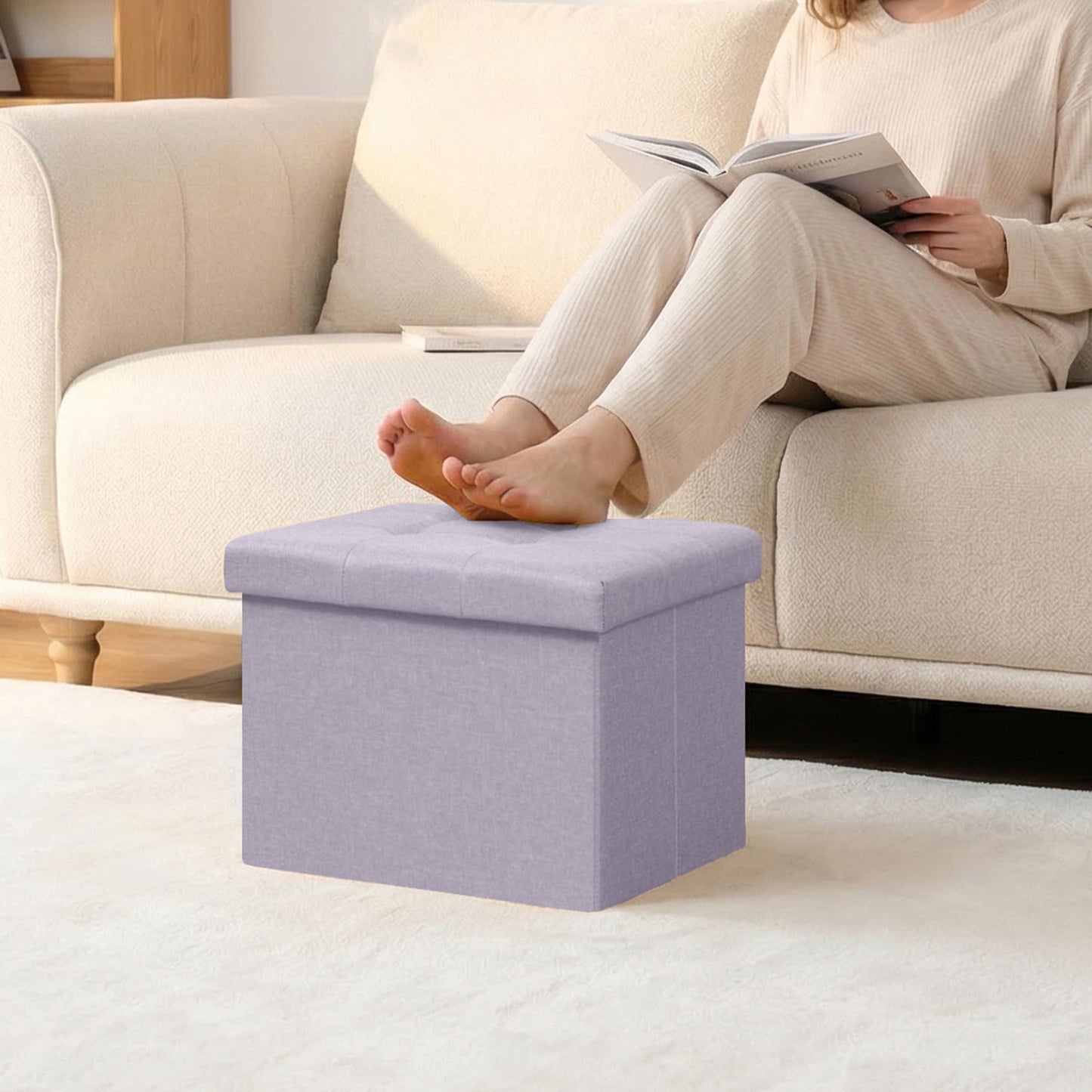 PINPLUS Linen Ottoman Storage Box with Lid, 42x32x32 cm, Light Purple