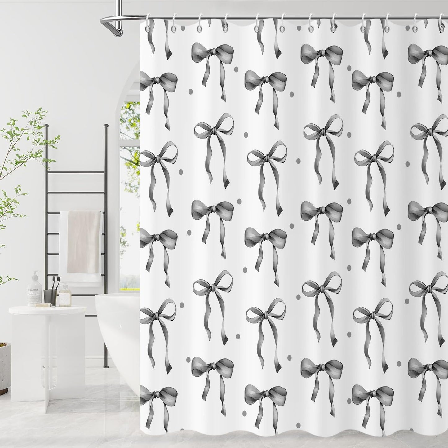 GCIREC Shower Curtain, 180x200cm, Gray Cute Aesthetic Bowknot Bows Waterproof Fabric Machine Washable Bathroom Curtain with Hooks