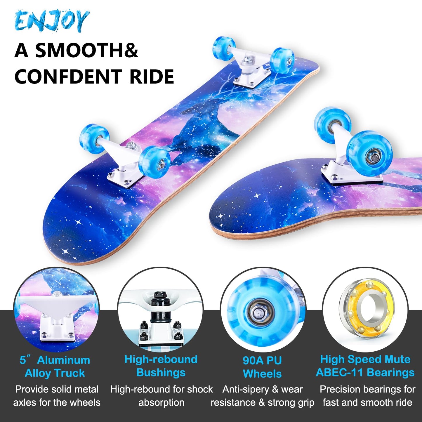 CLYCTIP Skateboards,31 x 8 inch Complete Skateboard for Beginners,8 Layer Maple Concave Cruiser Trick Skateboard for Teens and Adults (Blue-L)