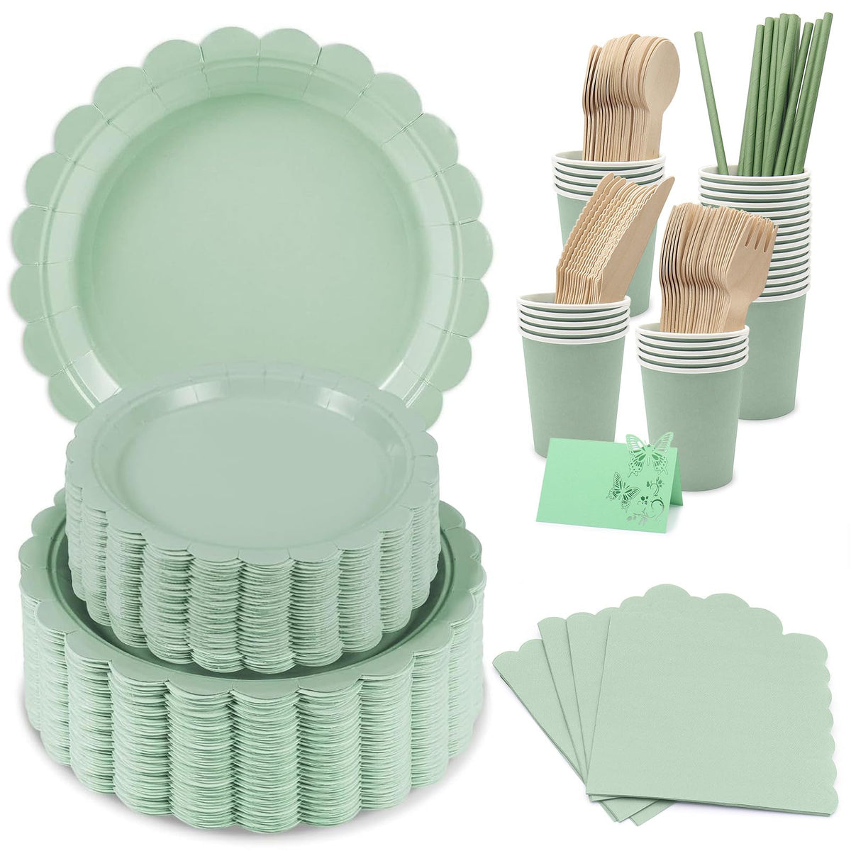 BOODPET 201PCS Sage Green Tableware Set for 25 Guests ? Elegant Disposable Plates, Cups, Napkins with Wooden Cutlery & Name Card ? Eco Party Supplies