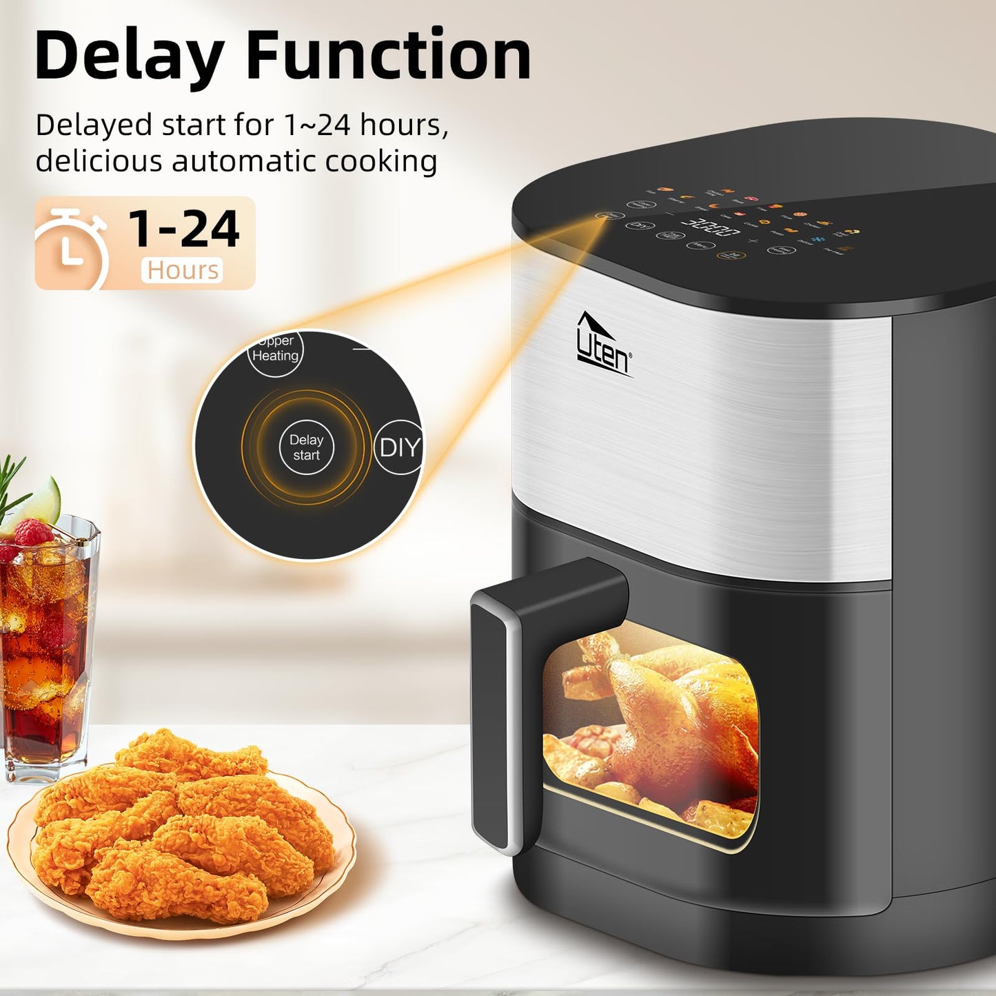 Uten Dual Blaze Air Fryer 5.5L Visual Window, Color Screen, 14 Pre Menus, Delayed Start, Stainless Oil Net, 2 Fast Heaters Independently Controllable,
