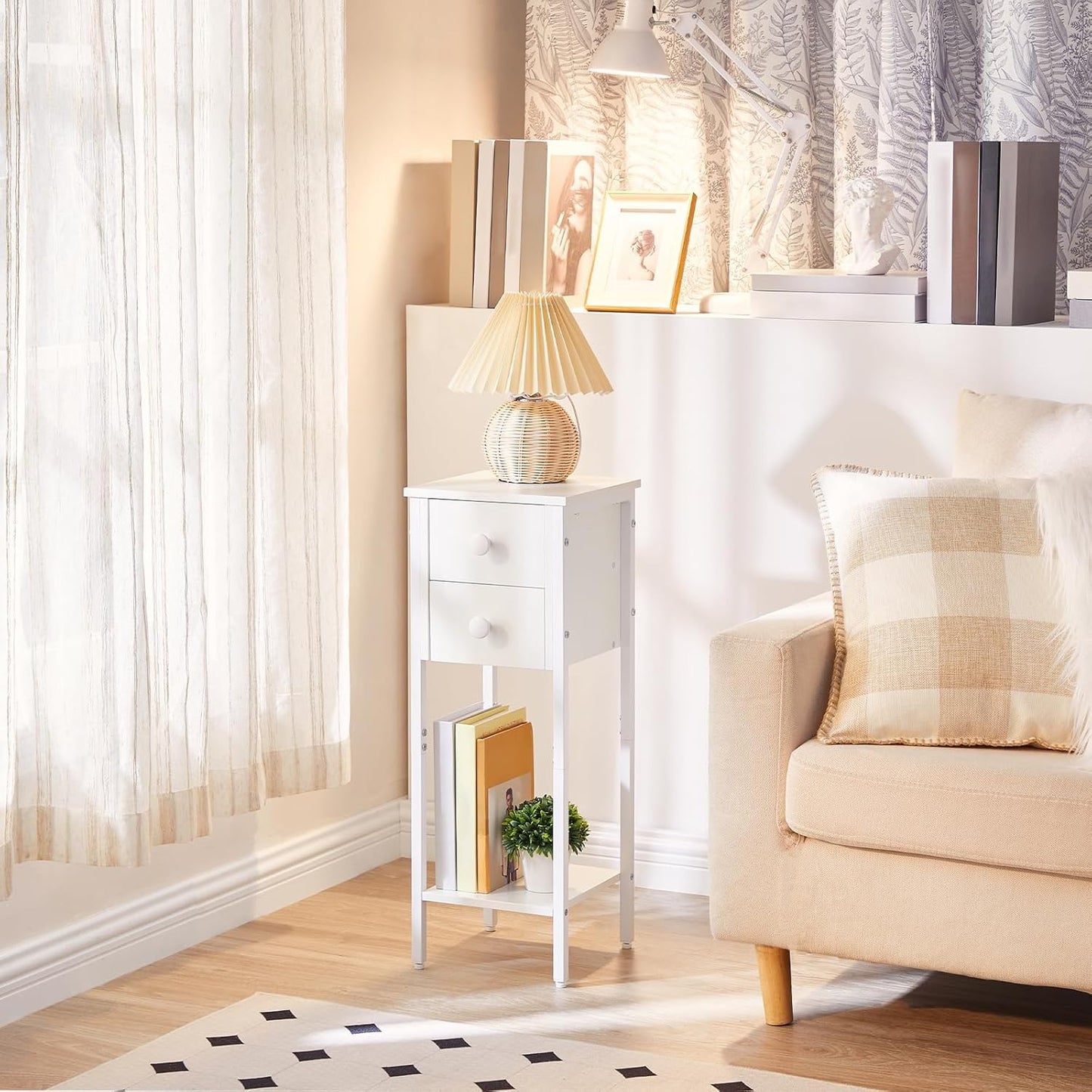 HOOBRO Narrow Bedside Table Set of 2, Slim Bedside Table, Telephone Table with 2 Drawers, Tall Side Table with Metal Frame