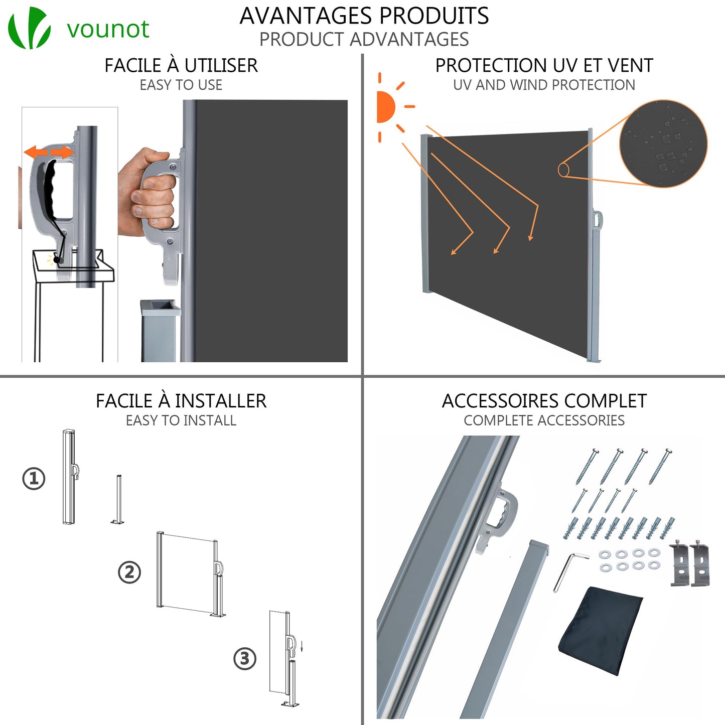 VOUNOT Retractable Side Awning, Outdoor Privacy Protection Screen for Garden, Balcony, Terrace, 160 x 300 cm, Dark Grey