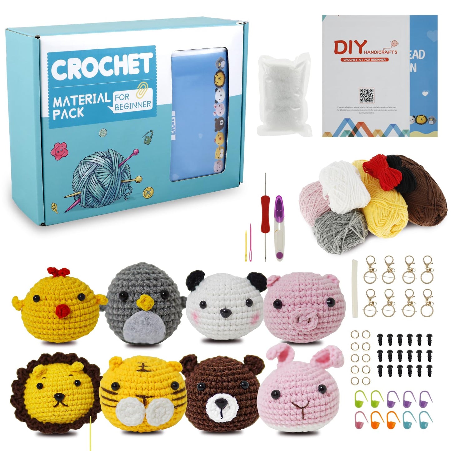 HAIJED 8Pcs Beginners Crochet Kit, Crochet Kit for Beginners Adults and Kids, Animals Crochet Kit, DIY Crochet Craft Kit with Instructions and Video