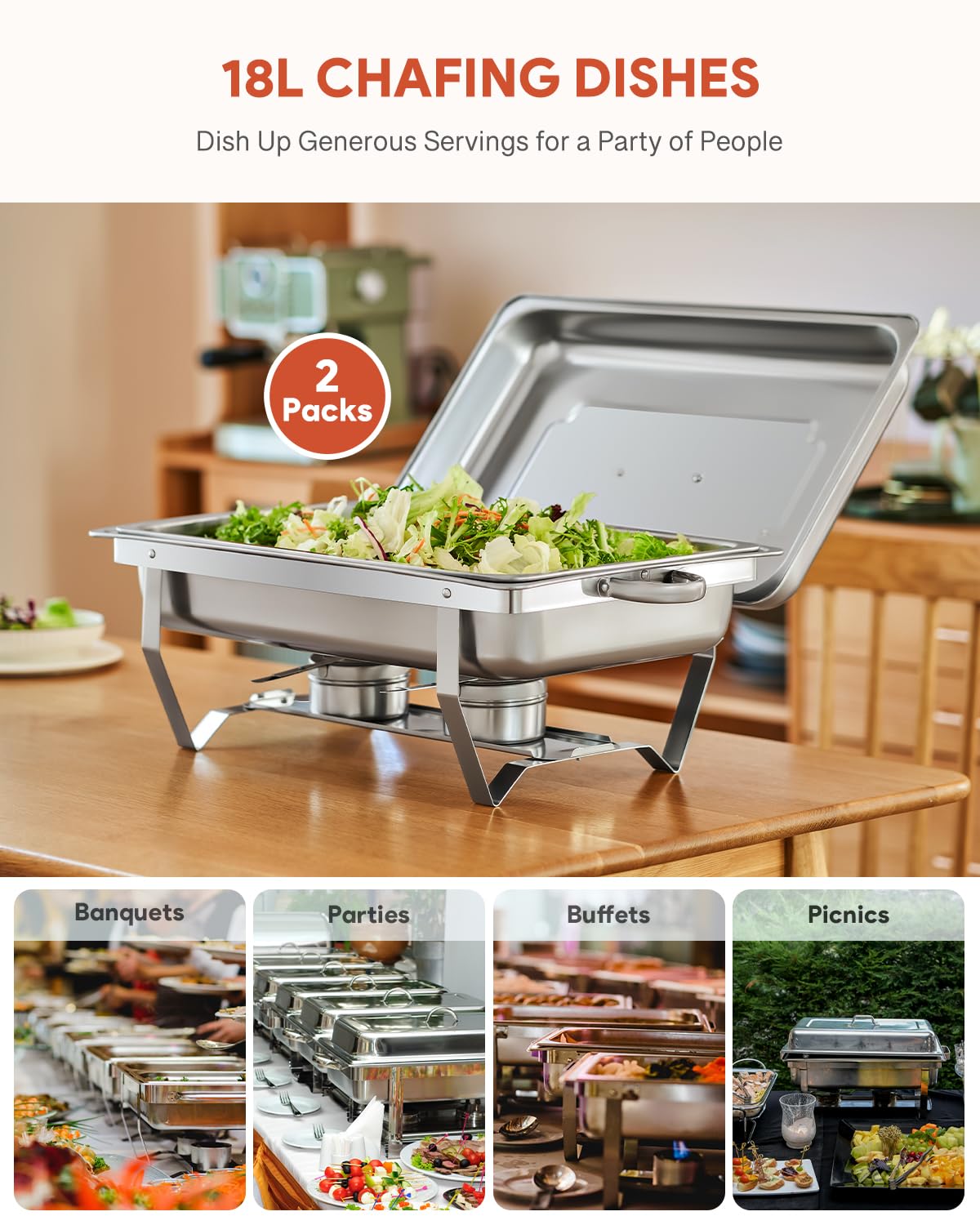 WILPREP Chafing Dish Buffet Set, 2 Pack 9L Chafers for Catering with 2 Full & 4 Half Size Pans Lids Foldable Frames Fuel Holders, Stainless Steel Food
