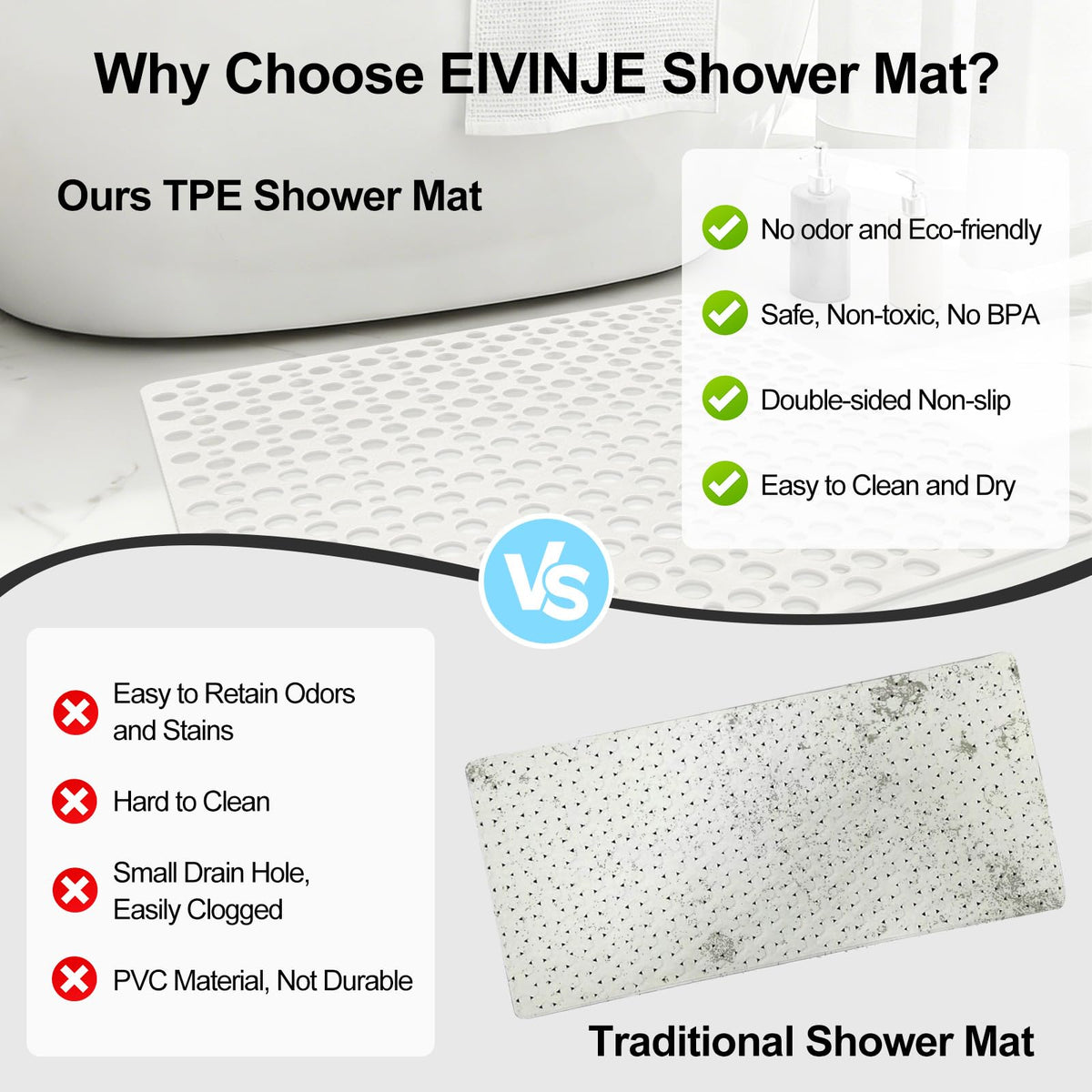 EIVINJE Shower Mat Non Slip Anti Mould: 53 x 53 cm Square Shower Mats for Inside Shower