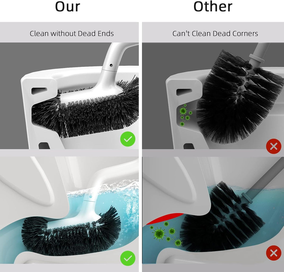 HAMITOR Toilet Bowl Brush Holder Set: Curved Design with Holder for Deep Cleaning Under Rim - Compact Hidden Scrubber for Small Space