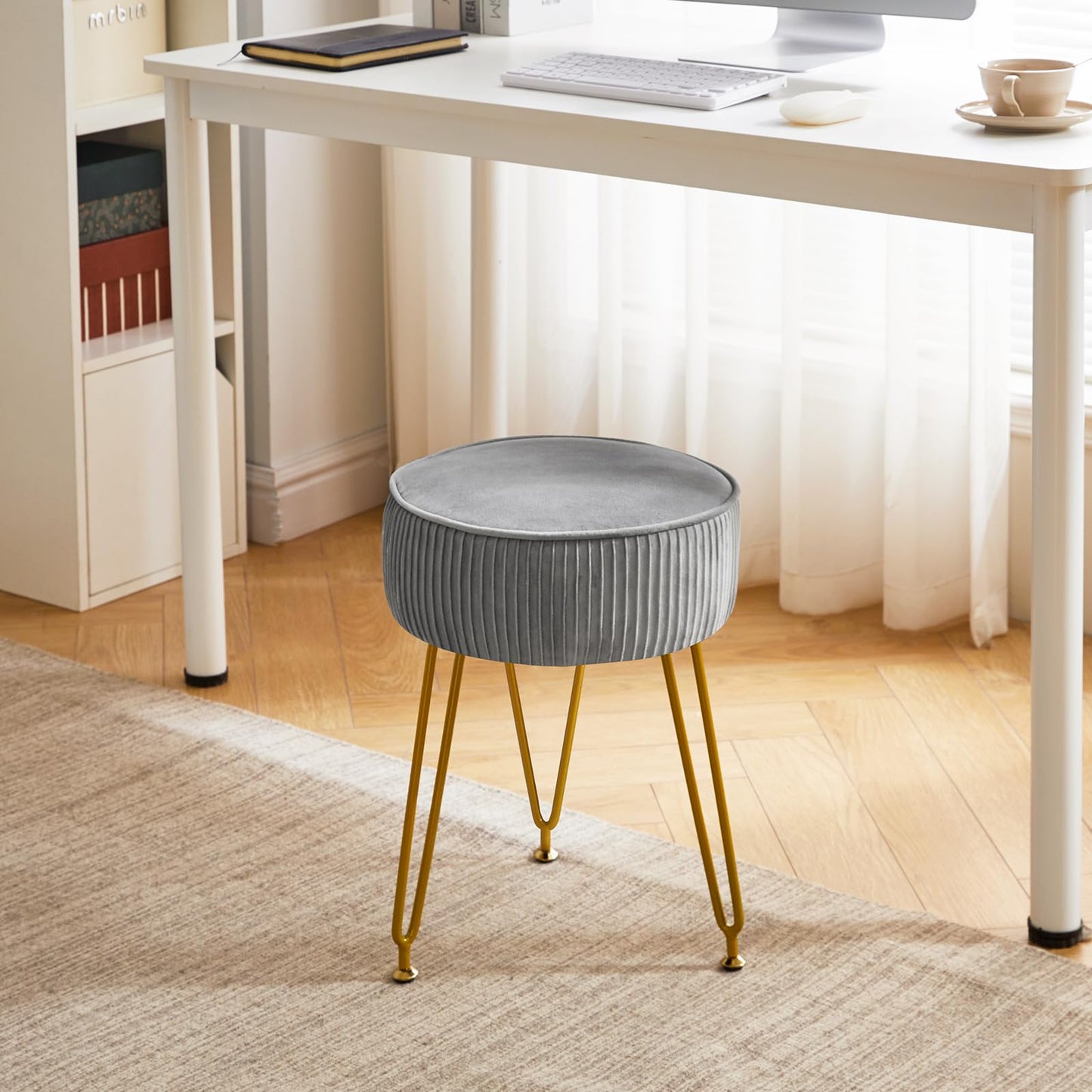 IBUYKE Velvet Vanity Stool Ottoman, Round Footrest Chair, Gray L/G-30G