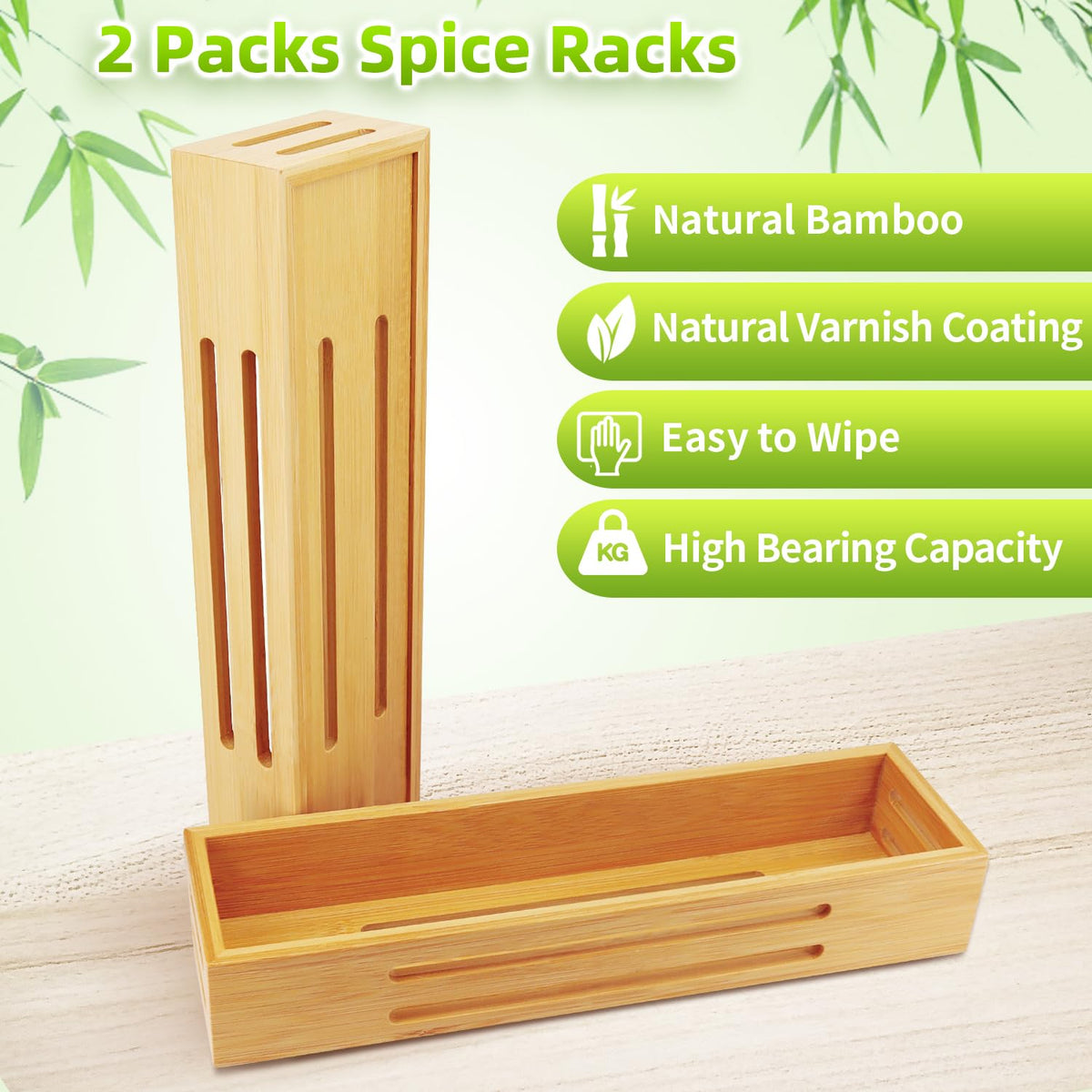 SAUNNIHEN Bamboo Spice Rack Organiser without Drilling, 4 Packs Spice Rack Wall Mounted, Spice Storage Organiser for Inside/Outside Cupboard, Herb