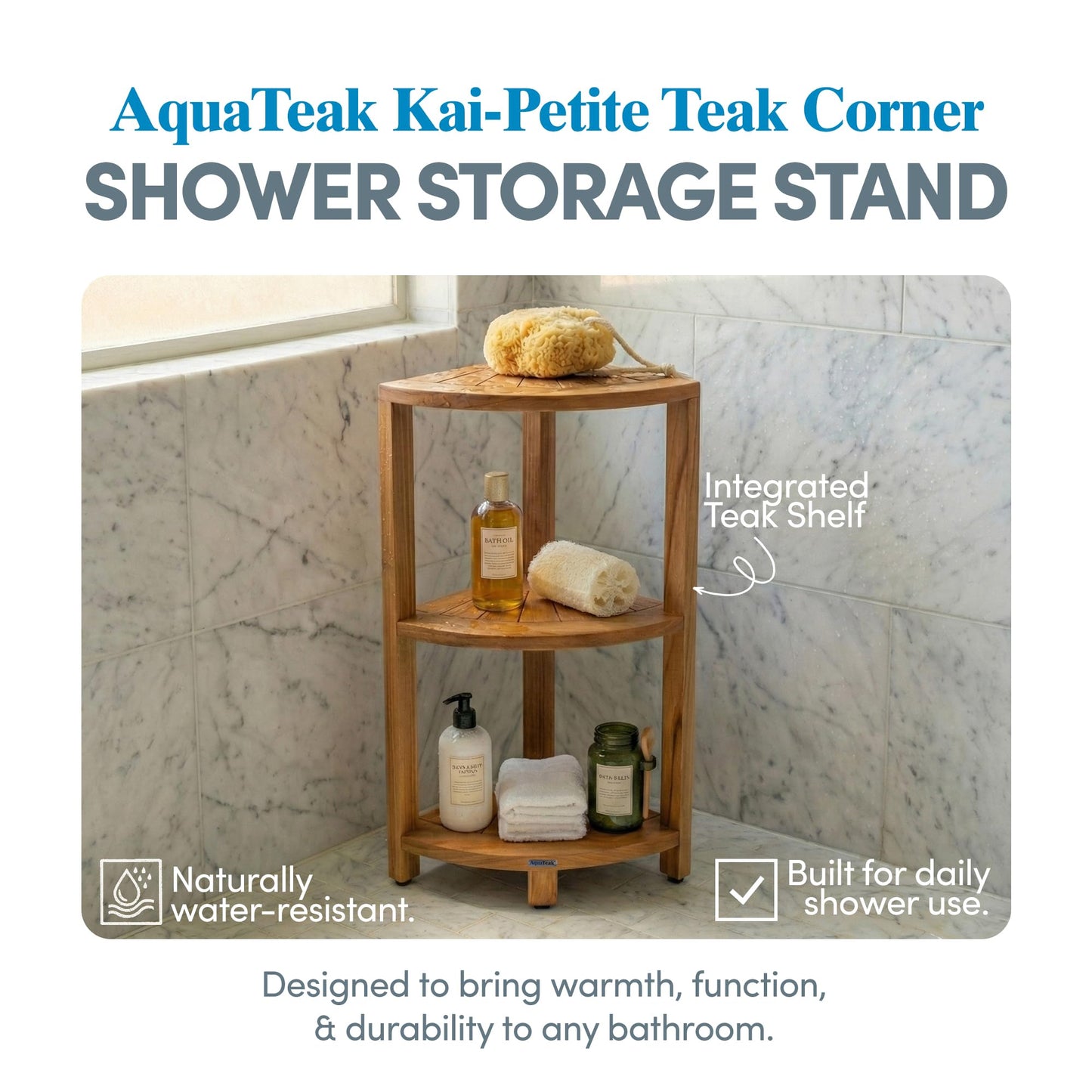 AquaTeak Kai-Petite 12" Teak Corner Shelf Stand, 3 Tier Shower Stand