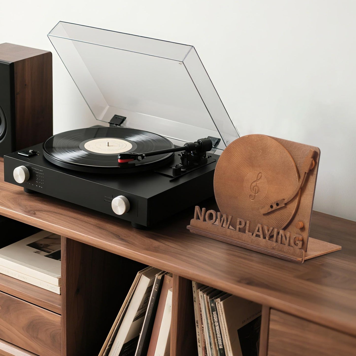 shaojian Now Playing Vinyl Stand Wood Stylish Vinyl Record Stand for Home Tabletop Décor