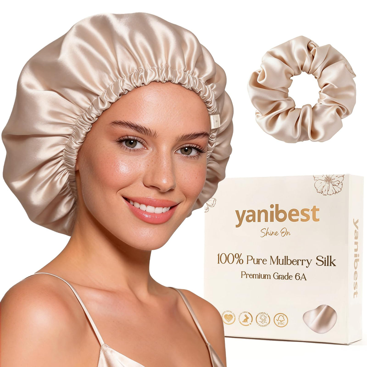 YANIBEST 22 Momme 100% Mulberry Silk Bonnet for Sleeping, Double Layer Sleep Cap Hair Wrap for Women, Natural Silk Hair Bonnet with Scrunchie