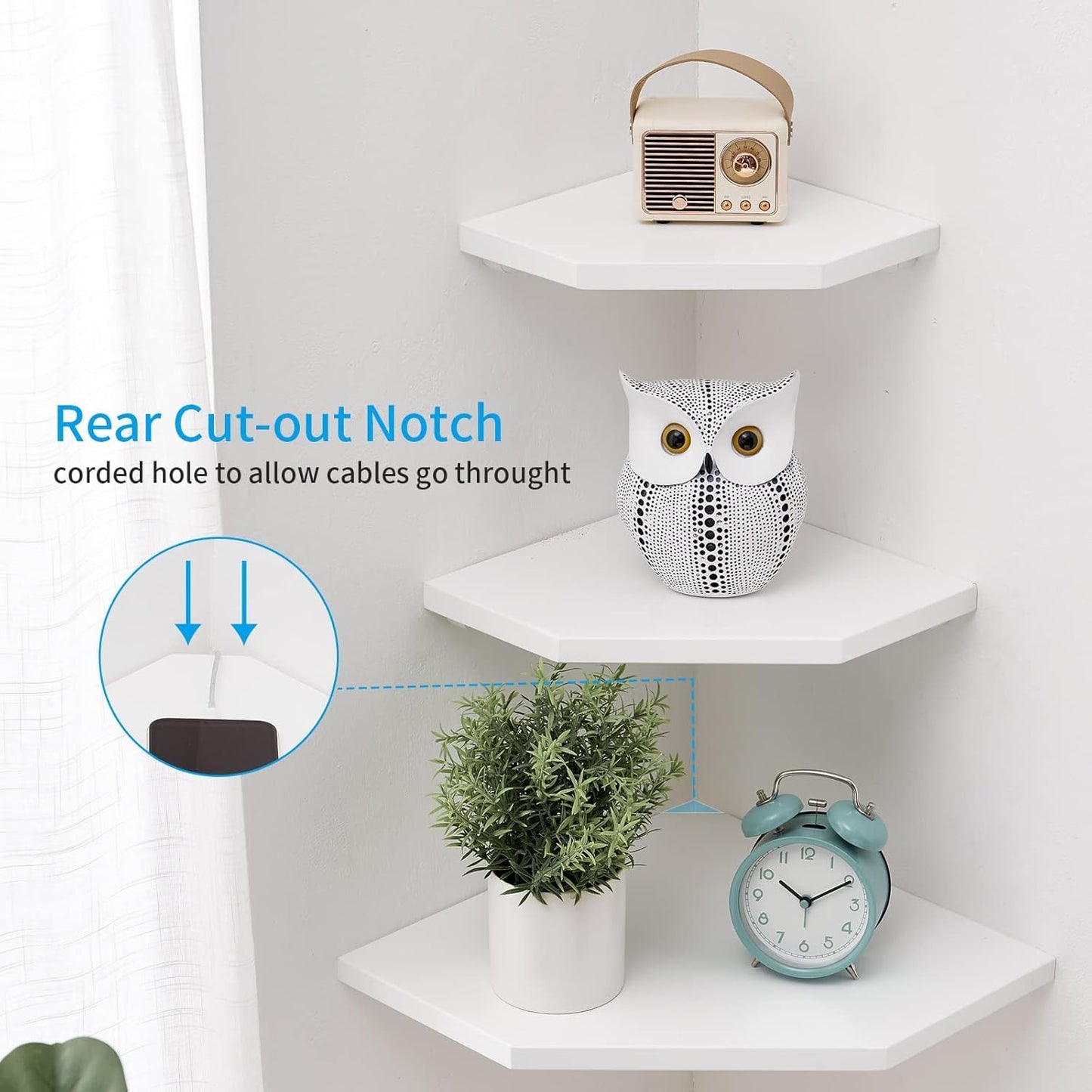GIEANOO Corner Shelf, Set of 2 Solid Oak Wood White Floating Corner Shelf Wall Mount Organizer with Wire Hole Small Plant Display for Kitchen Living