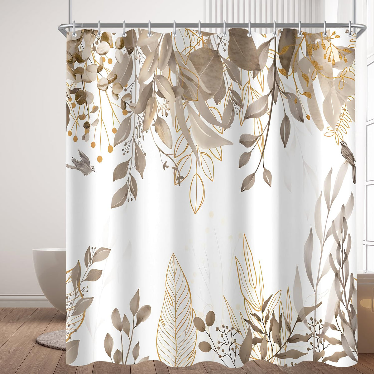 Lerores Shower Curtain, 180 x 200 cm, Grey Autumn Leaves, Weighted Hem, Anti-Mould, Water-Repellent, Washable Polyester Bath Curtains with Eyelets and