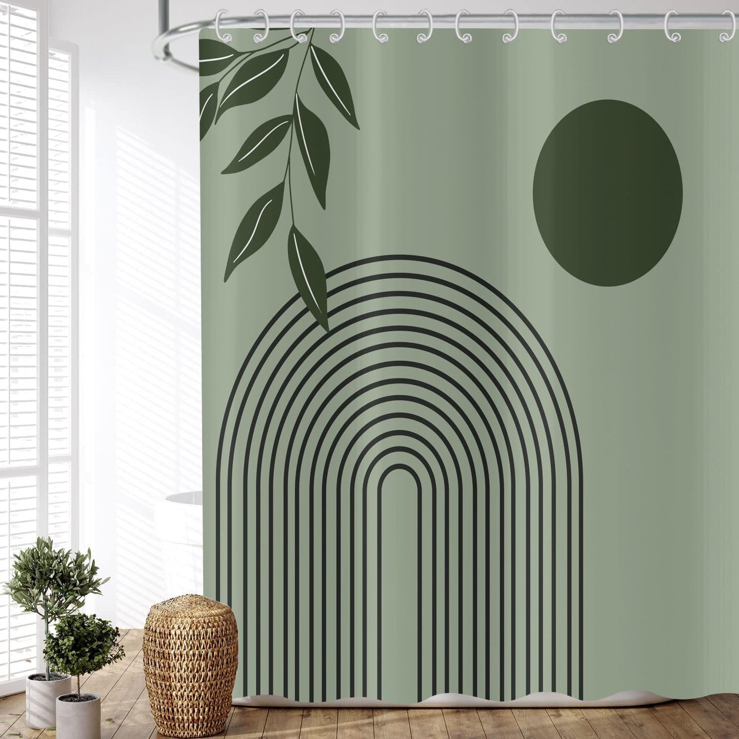 ASDCXZ Boho Shower Curtain 180x180 cm, Modern Abstract Art Green Leaves Sun Line Sage Green Bath Washable Shower Curtains Polyester Textile
