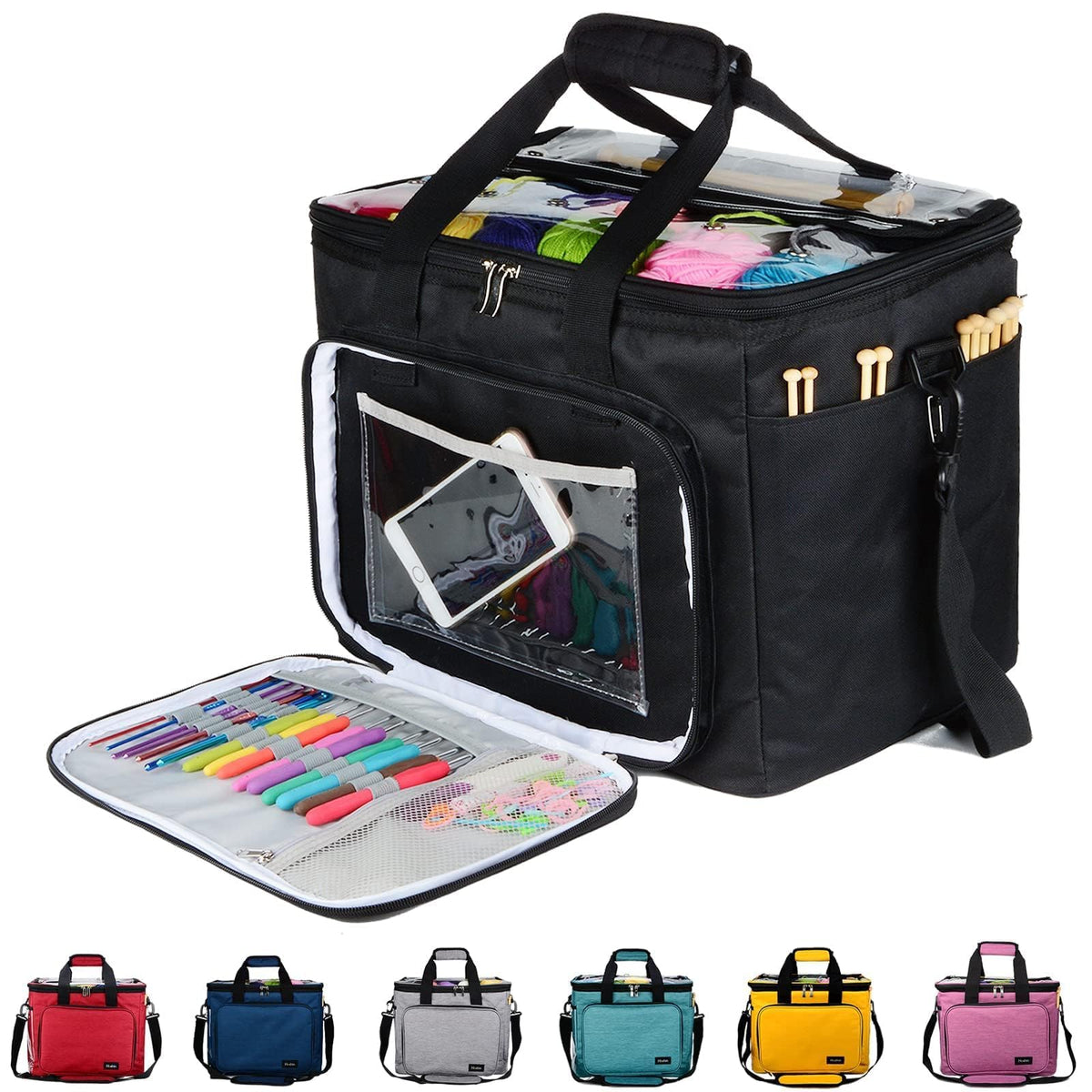 Hoshin Knitting Bag for Yarn Storage, Portable Crochet Tote Bag Yarn Organizer for Crochet Patterns and Hooks, Needles, Skeins of Yarn-Enjoy