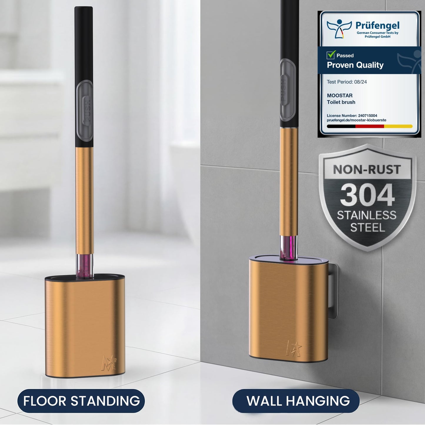 MooStar 1-Pack Silicone Toilet Brush with Holder-Stainless Steel Wall-Mounted & Free-Standing Toilet Brushes and Holders with Quick-Drying Flexible