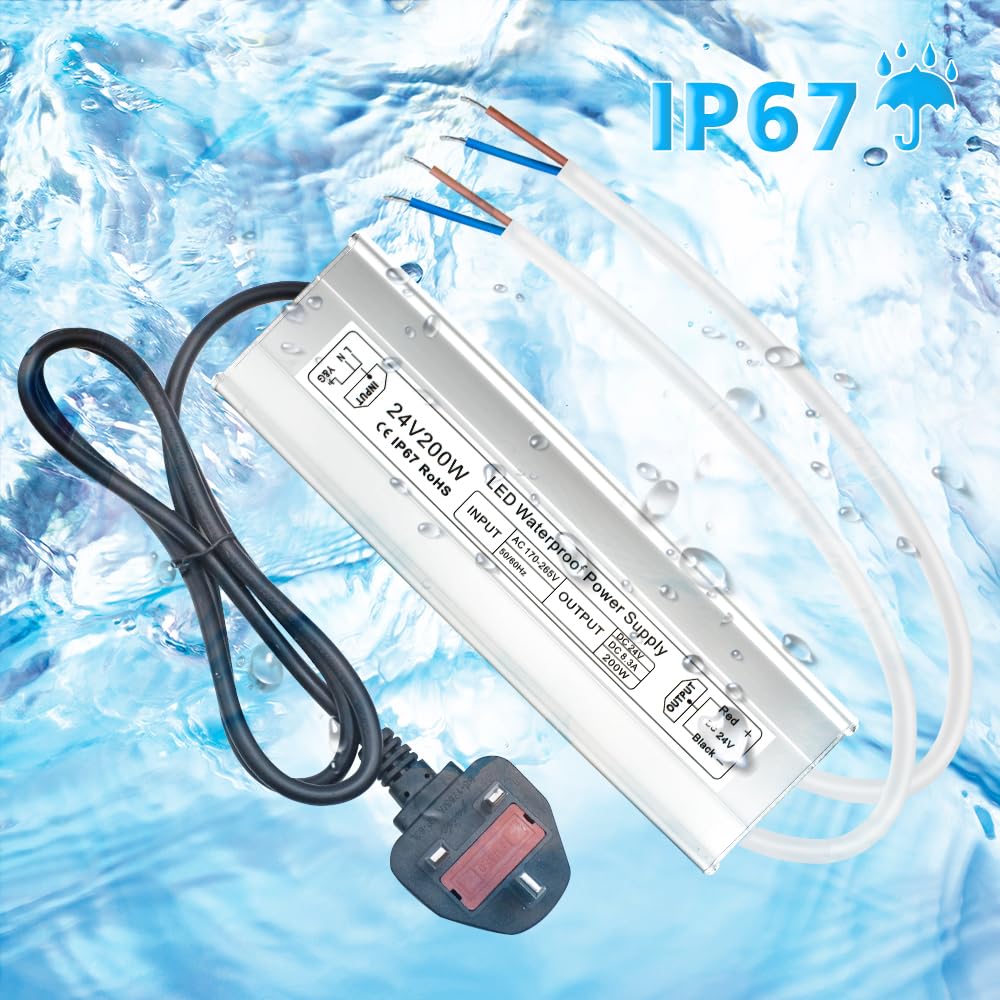 inShareplus LED Power Supply, 24V 200W IP67 Waterproof Outdoor Driver, AC 170-265V to DC 24V 8.3A Low Voltage Transformer, Adapter with 3-Prong Plug