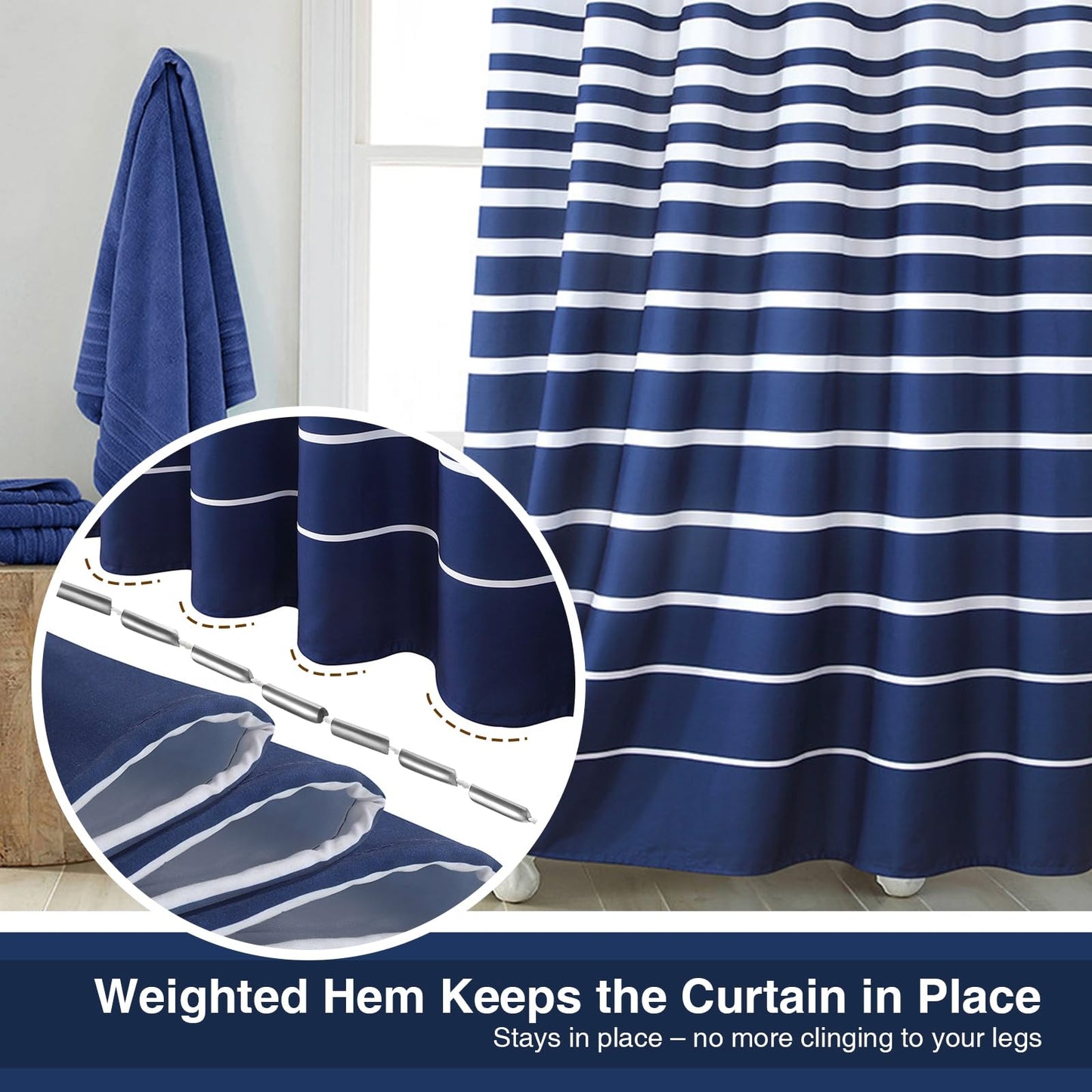 Blue and White Striped Shower Curtain with Hooks for Bathroom - Waterproof Polyester Fabric Shower Curtains, Anti-Cling Weighted Hem