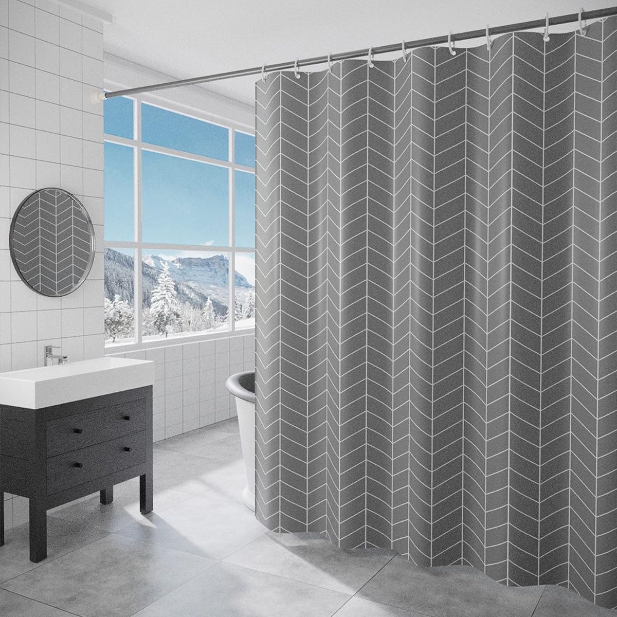 FSZhenZuan Shower Curtain 180 x 200 cm Drop Water Repellent Anti Mould Wet Room Shower Curtain with Hooks Washable Polyester Fabric Grey Arrow