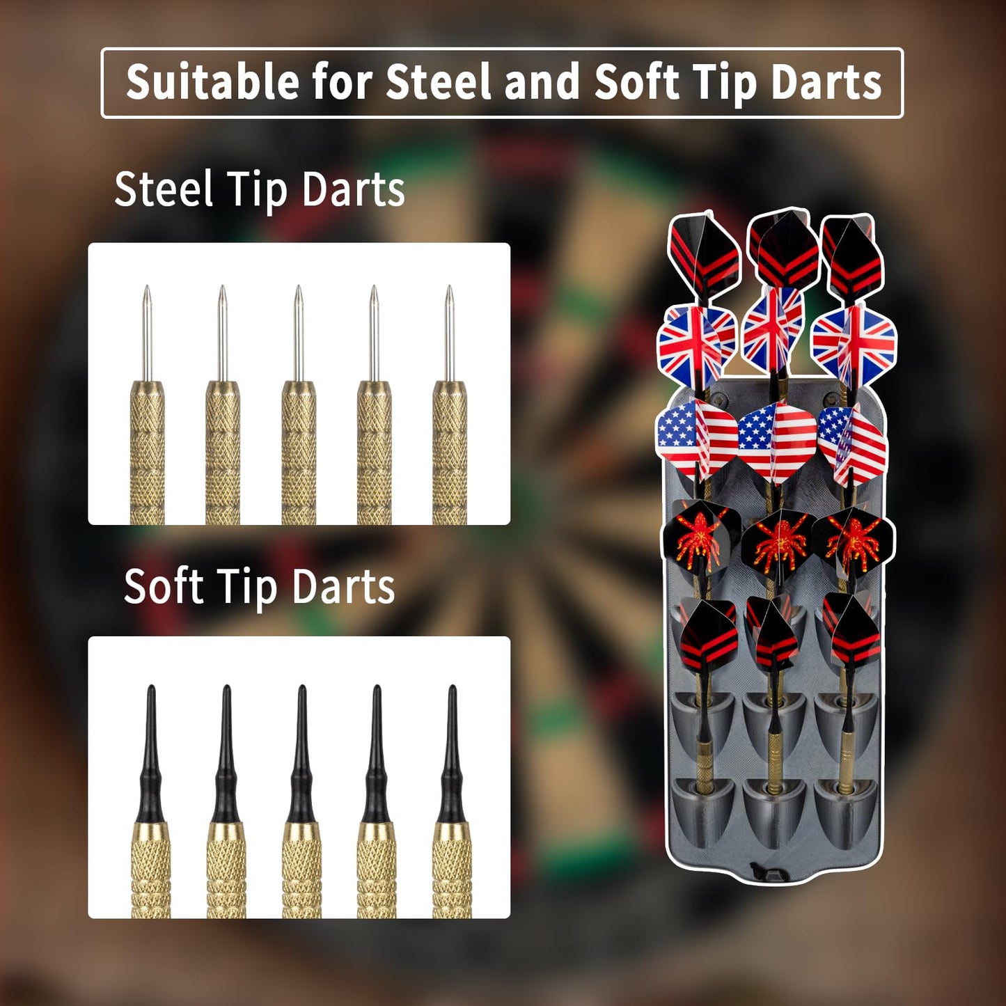 Extguds Dart Holder Wall Mount,Dart Display Rack Displays 15 Steel/Soft Tip Darts,Dart Stand with Storage Bag,Dart sharpener,Dart