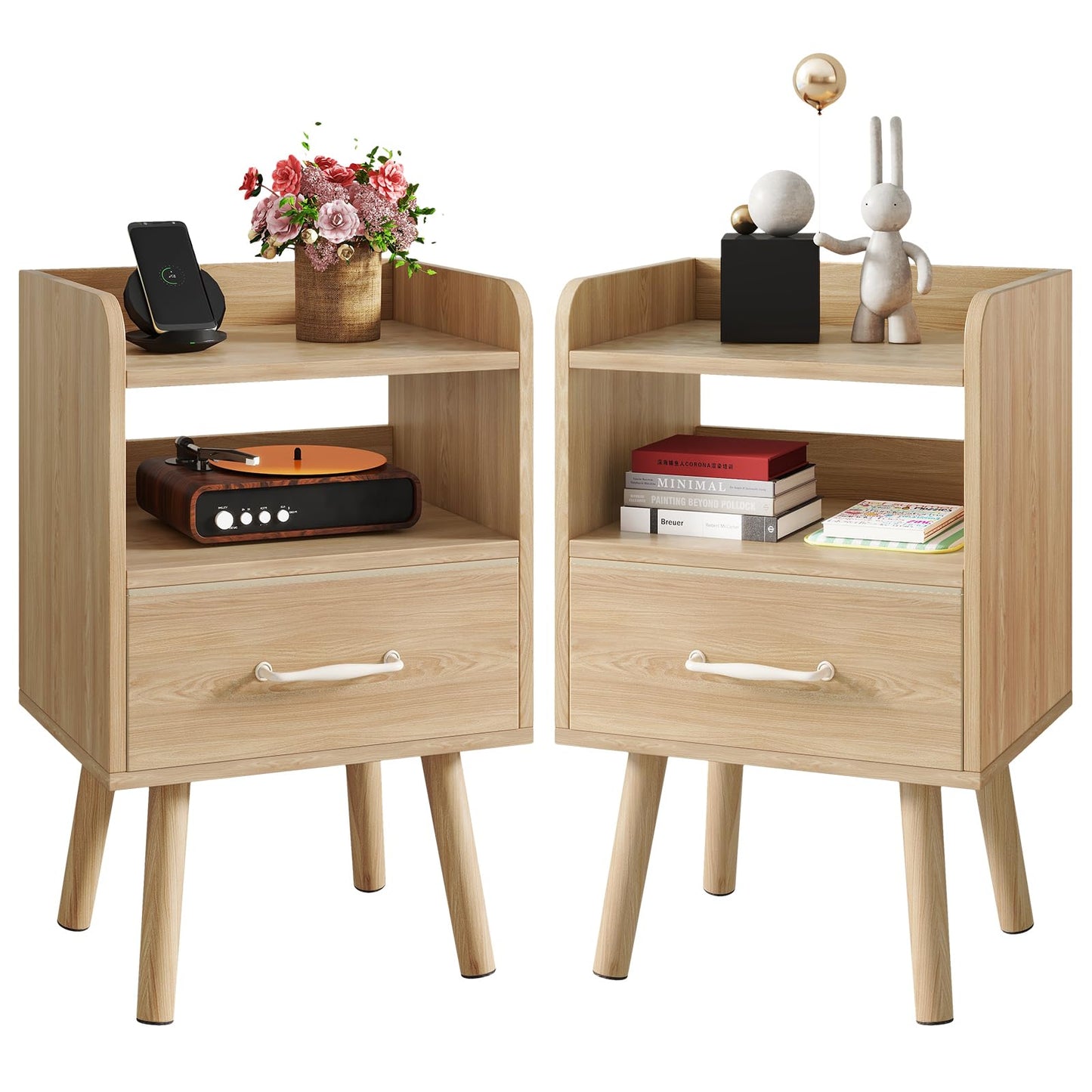 YMYNY Bedside Table Set of 2, Nightstand, Side Table, Wooden Sofa End Table with Fabric Drawer, Open Shelf, Solid Wood Legs, 39x29x63 cm, for Bedroom