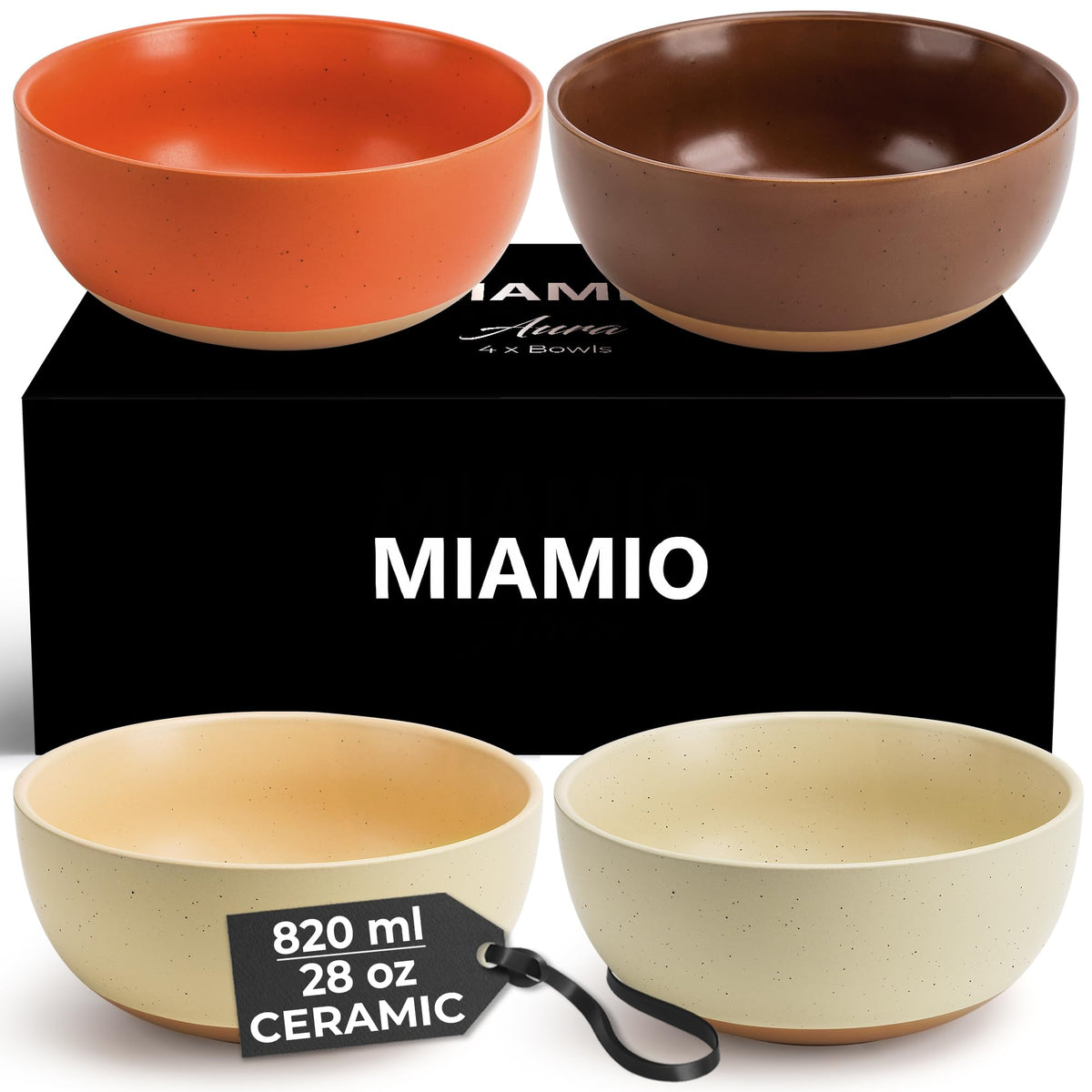 MIAMIO  Set of 4, 750 ml Ceramic Soup Bowls/Cereal Bowl Set for Salad, Oatmeal, Fruit, Rice  Dishwasher & Microwave Safe  Aura Collection
