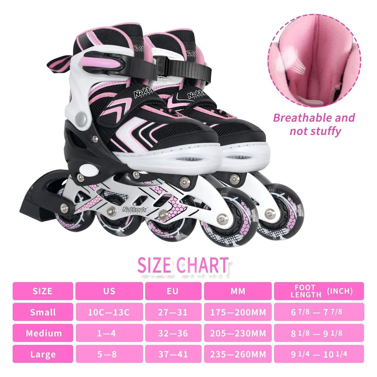 Nattork Roller Skates for Girls with Full Light up Wheels, Adjustable Beginner Inline Skates for Big Kids, Pink, Size 1 2 3