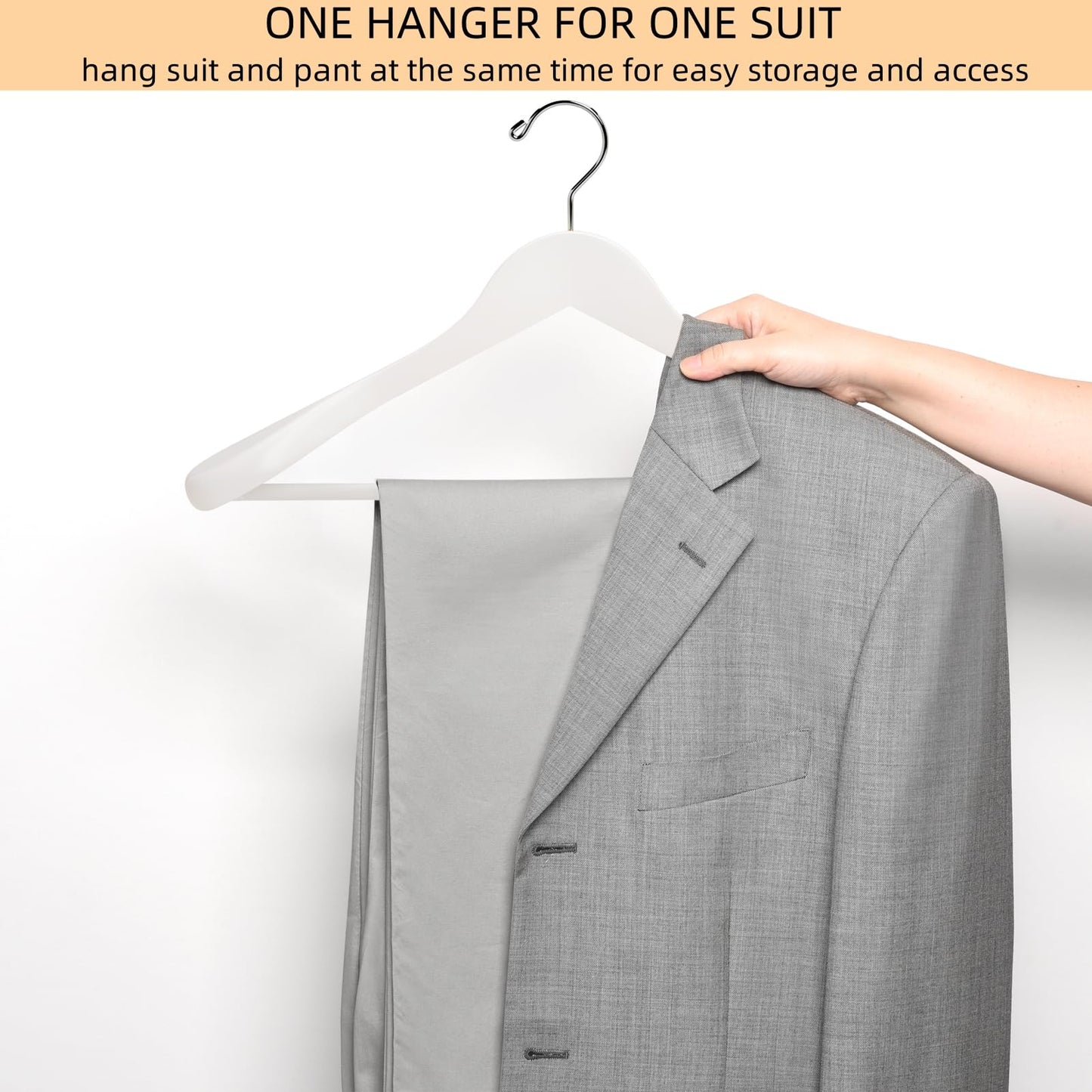 Amber Home 44.5cm White Wooden Suit Hangers 10pcs with Wide Shoulder(5.8cm), Heavy Duty Smooth Wood Coat Hanger with Non Slip Pants Bar, Solid Clothes
