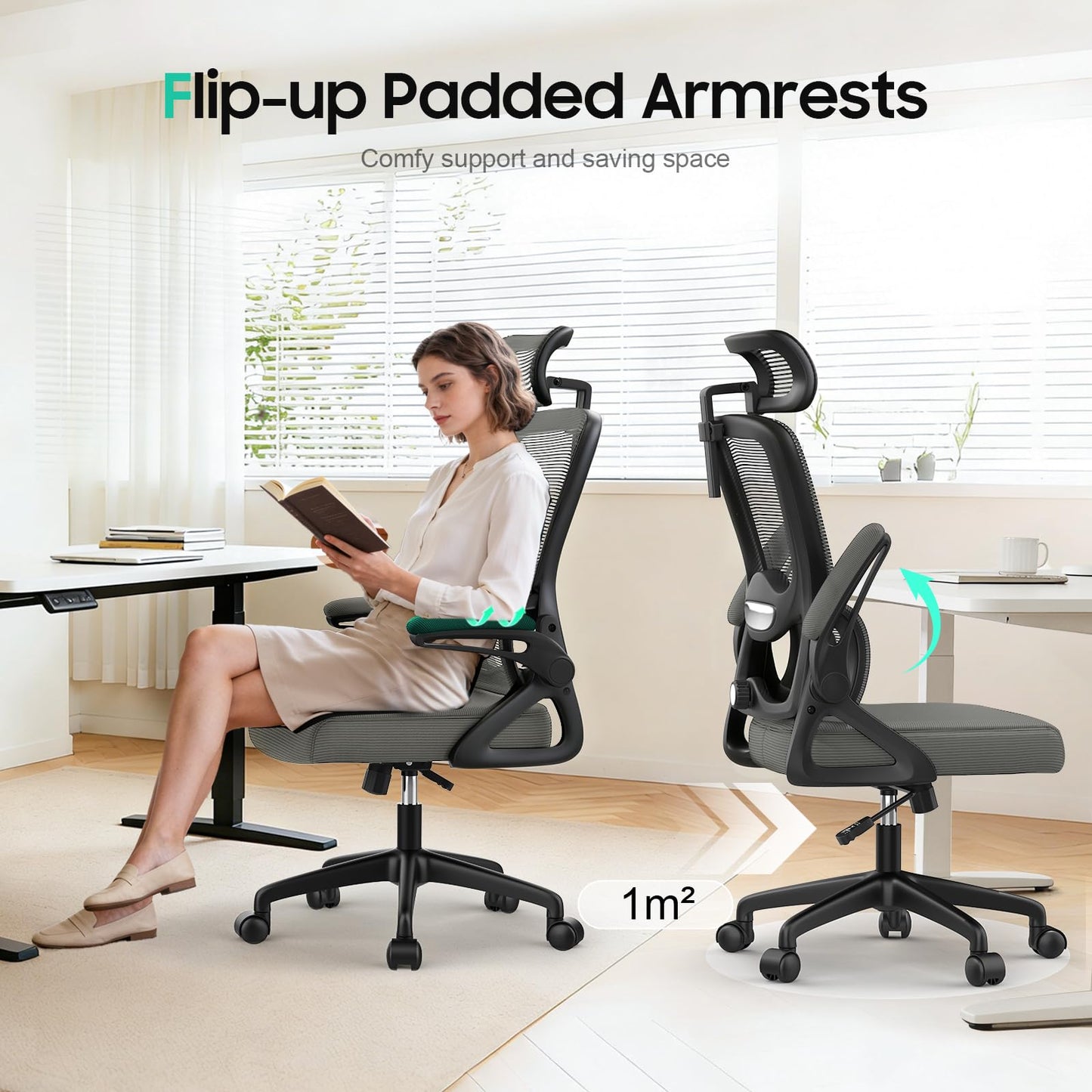 YONISEE Office Chair, Ergonomic Desk Chair -Dual Backrest Design with 2D Lumbar Support & Adjustable Headrest. Swivel Computer Chair with Flip-up
