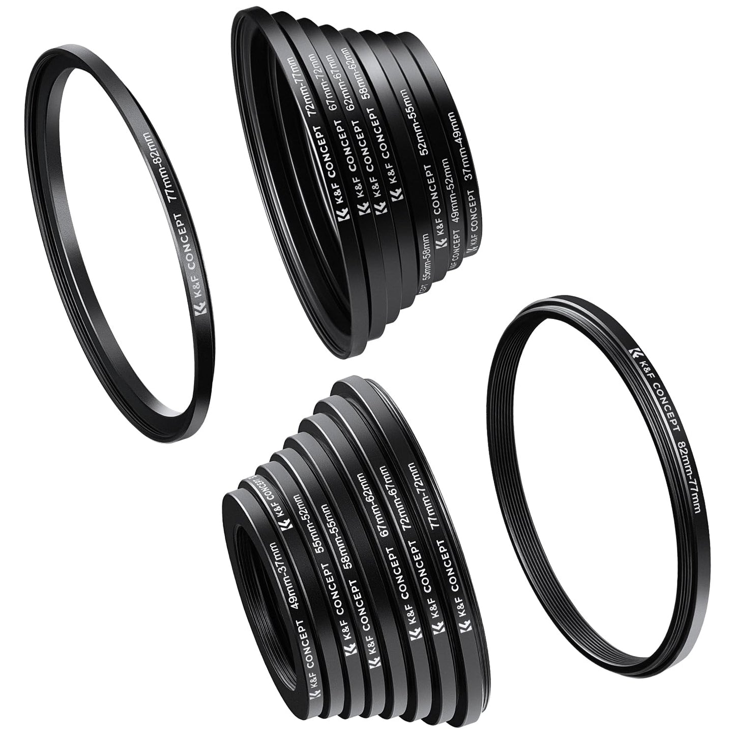K&F CONCEPT 18PCS Lens Filter Stepping UP and Down Adapter Set 37 49 52 55 58 62 67 72 77 82mm 9PCS Step-Up Rings+9PCS Step-Down Rings 49-52 55-58