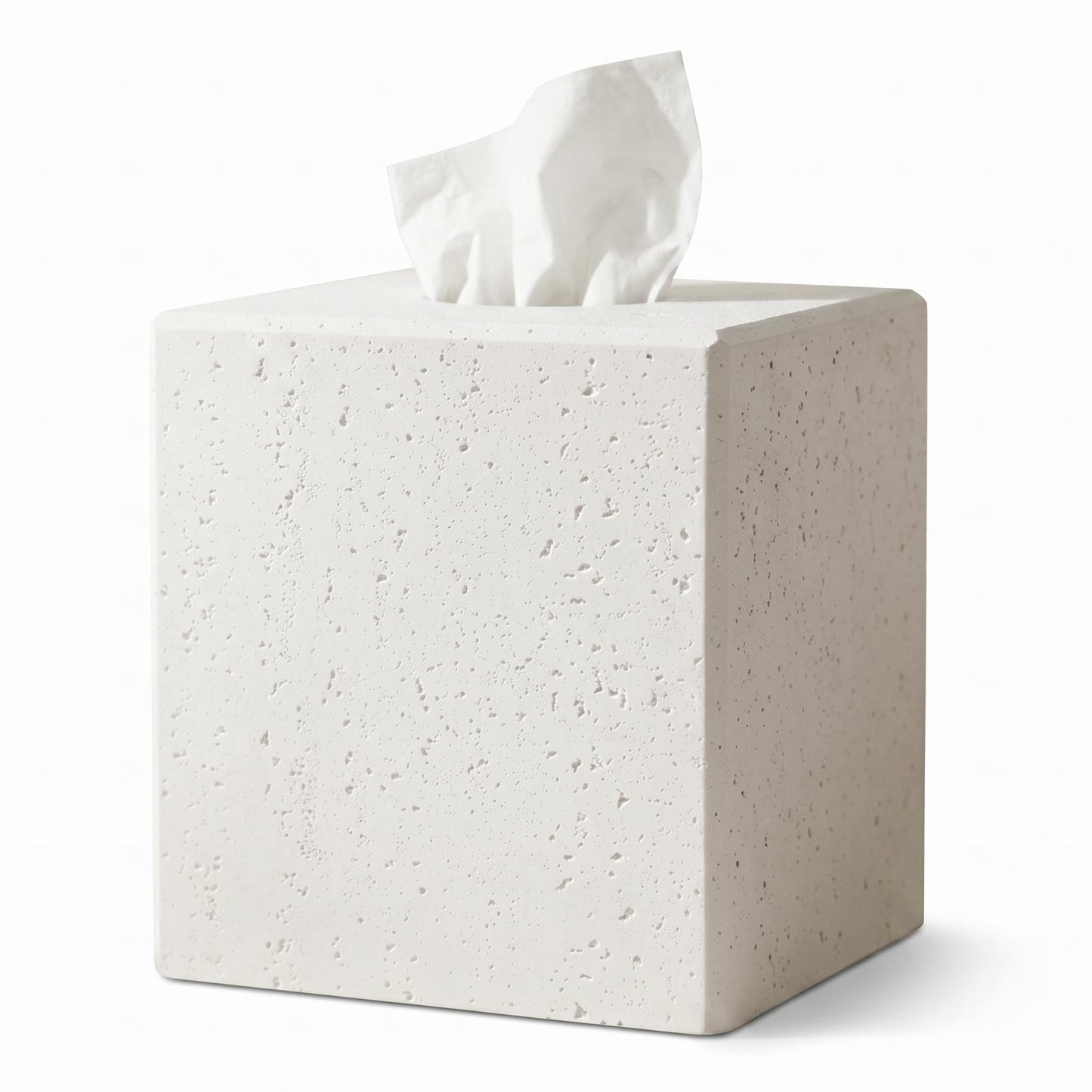 White Tissue Box Cover, Modern Square Decorative Tissue Box Holder with Travertine-Inspired Finish, Removable Magnetic Base Lid