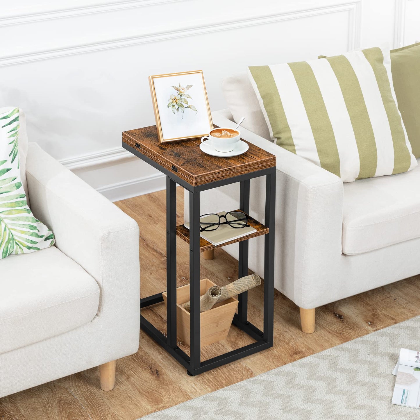 HOOBRO C Shaped Side Table, Foldable Sofa Side Table, Bedside Snack Table, Laptop Holder Table for Sofa, Small Spaces, Small Coffee Table, Living