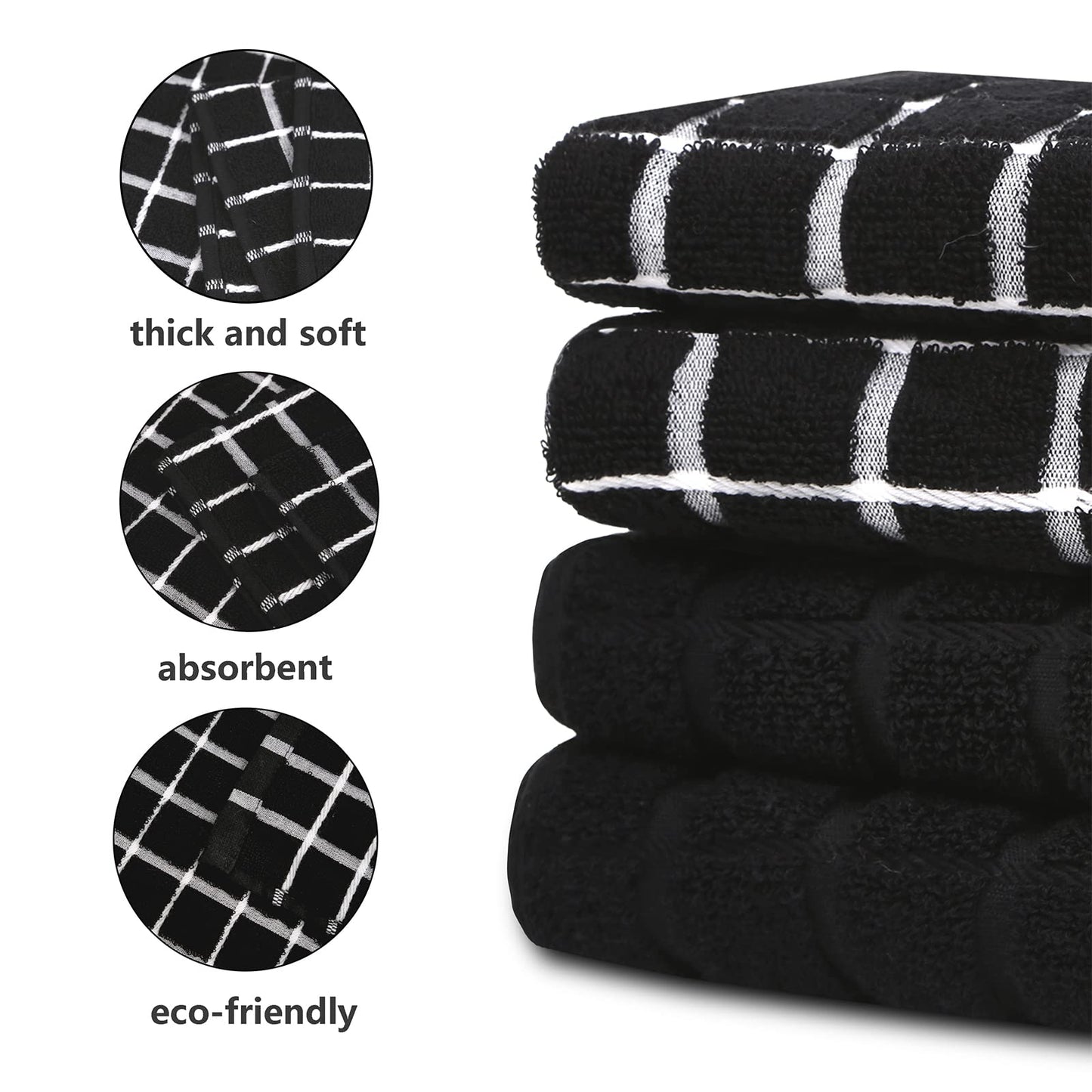 samsto Kitchen Towels Cotton Black - Tea Towels Absorbent - Thick Dish Hand Towels for Kitchen with Hanging Loops, 45x65cm, 4 Pack