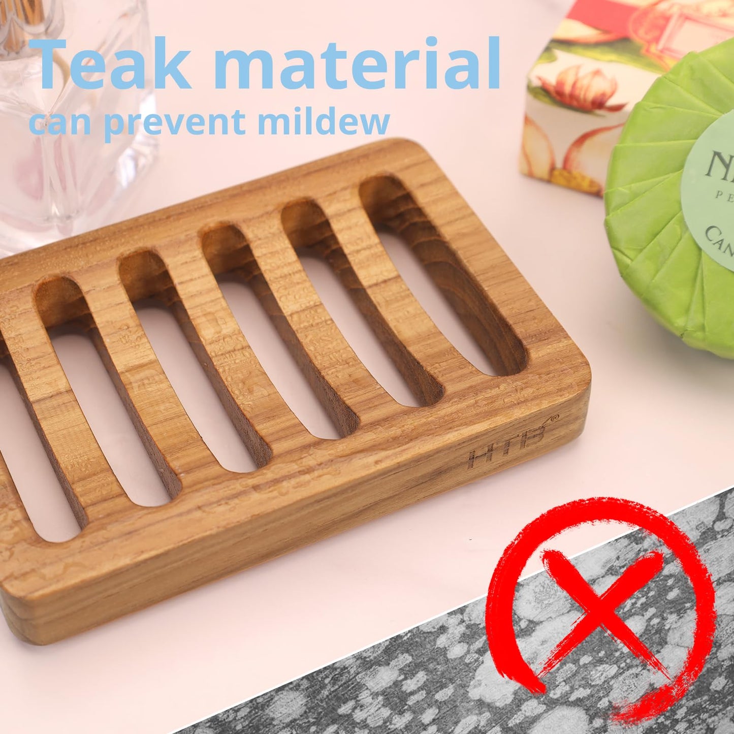 HTB Teak Soap Dish 1PC, Self-Draining Soap Bar Holder for The Shower