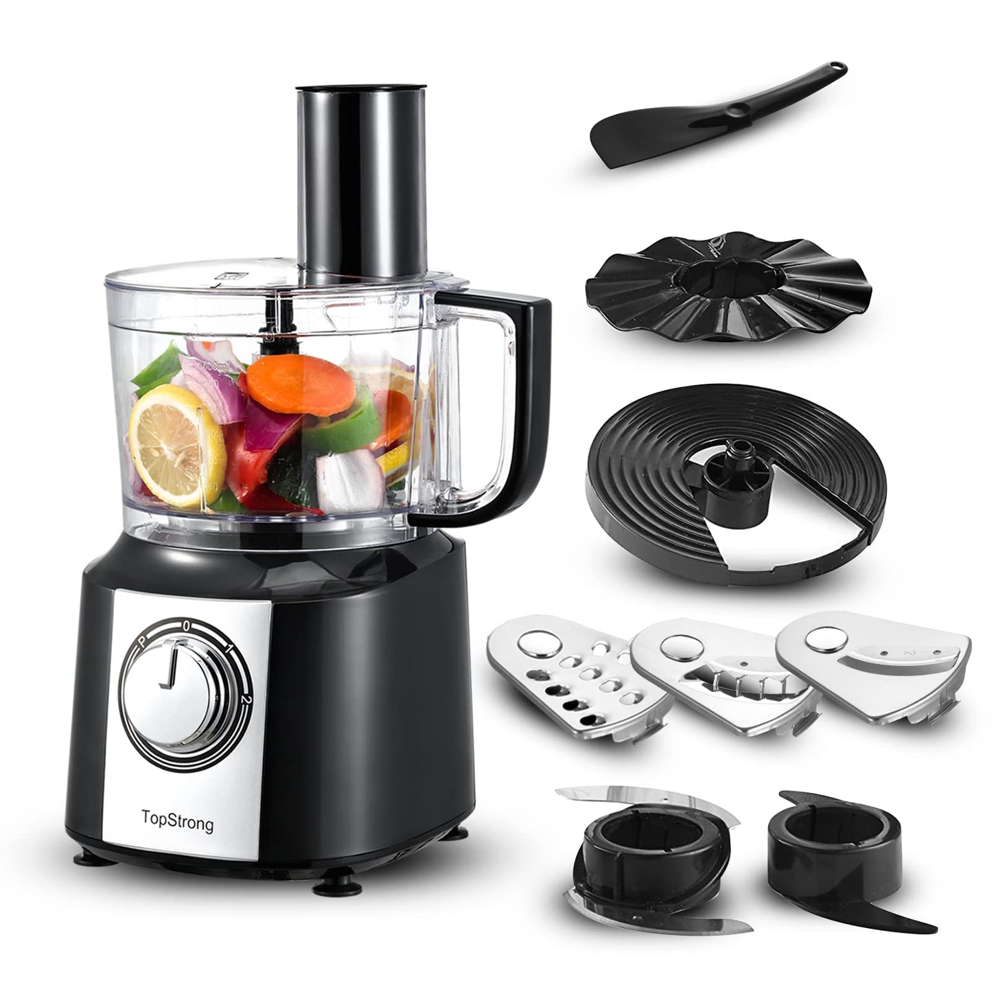 Food Processor, TopStrong 6-in-1 Food Processor and Blender with Chopping Slicing Shredding Kneading Stirring, 800W, 2 Speeds with Pulse, 2L Mixing