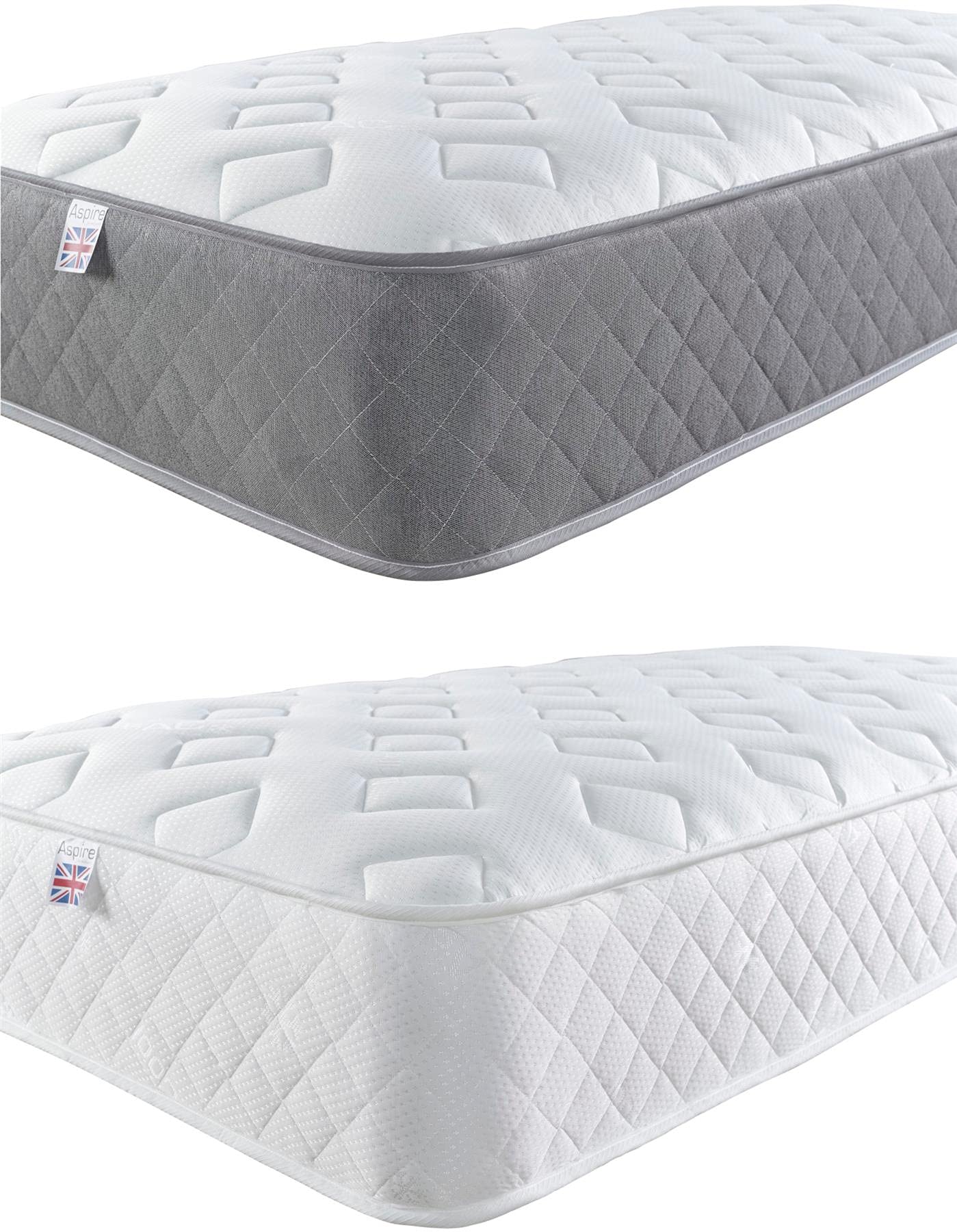 Aspire Beds 3 Comfort Layers Aspire-Cool Touch Diamond Memory Foam & Bonnell Sprung Hybrid Mattress, Grey Hessian Border, 5ft King Size (5ft x 6ft6)