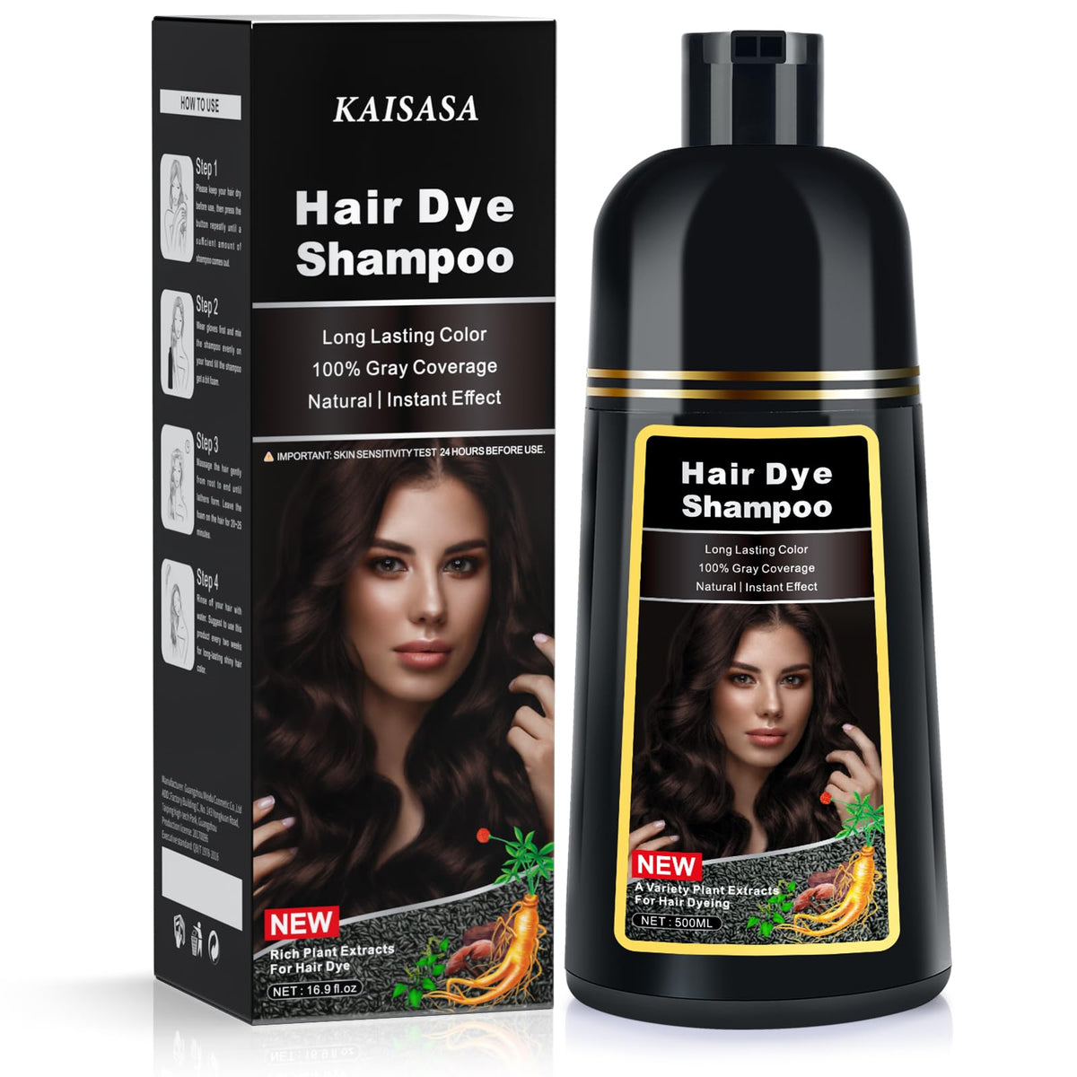 Dark Brown Hair Dye Shampoo, Hair Color Shampoo 3 in 1, Semi-Permanent Gray Coverage for Woman & Man, Mild Formula, Lasts 30 Days (500ml)