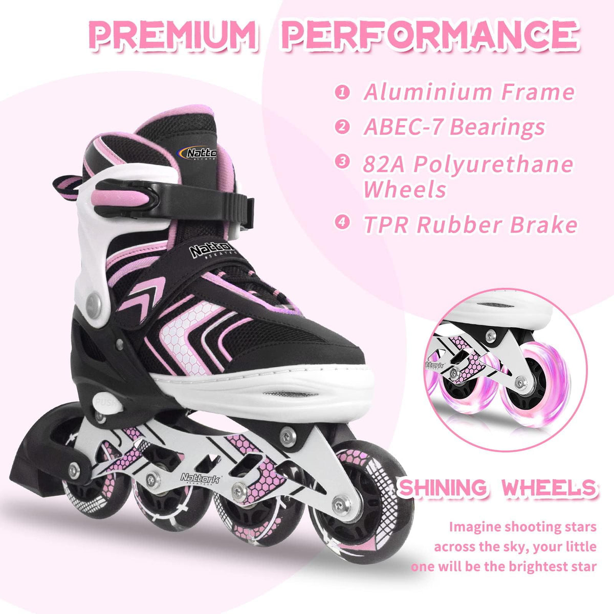Nattork Roller Skates for Girls with Full Light up Wheels, Adjustable Beginner Inline Skates for Big Kids, Pink, Size 1 2 3