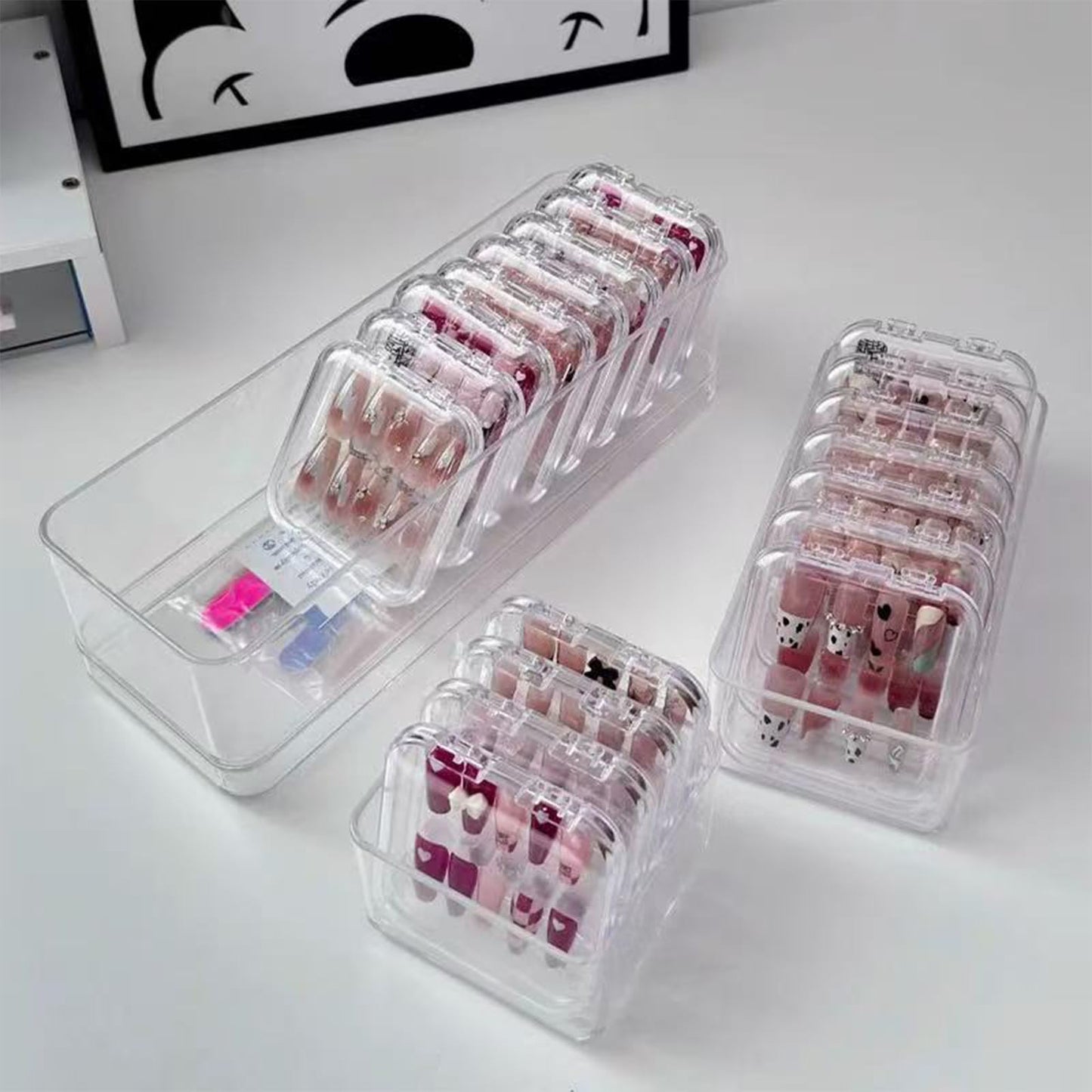 Leliafleury 5Pcs Press on Nail Storage Box 75 * 75 * 16mm Plastic Nail Packaging Boxes Nail Display Storage Case for Home Salon Supplies, Transparent