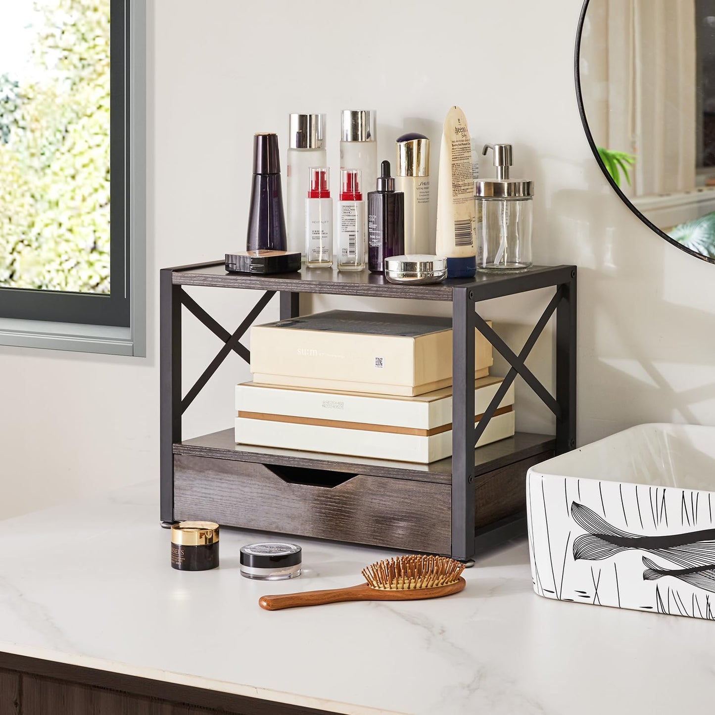 IBUYKE 2 Tier Desktop Printer Stand,Multi-Purpose Desk Organizer,Wooden Printer Stand with Drawer Storage for Folders,Books,for Fax Machine
